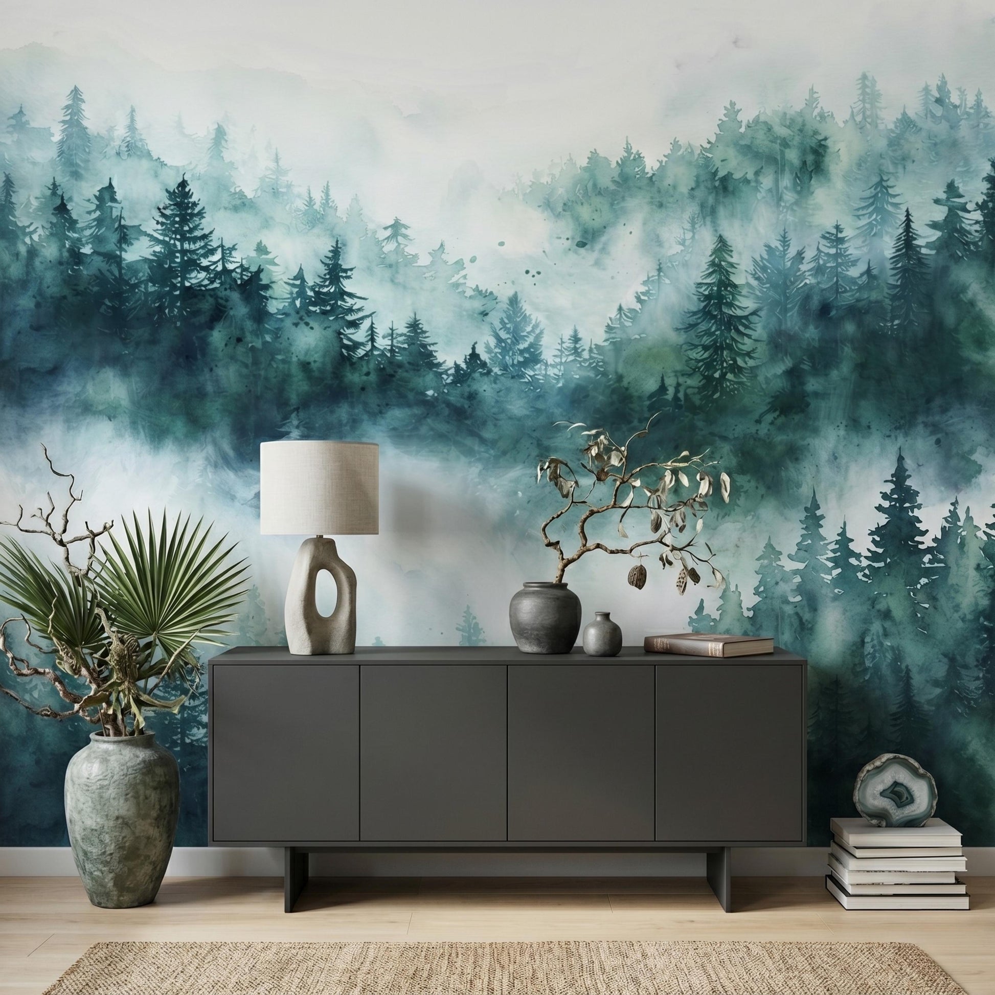 Teal Blue Watercolor Misty Forest Mural, Nature Landscape Peel and Stick Wallpaper-WP0068