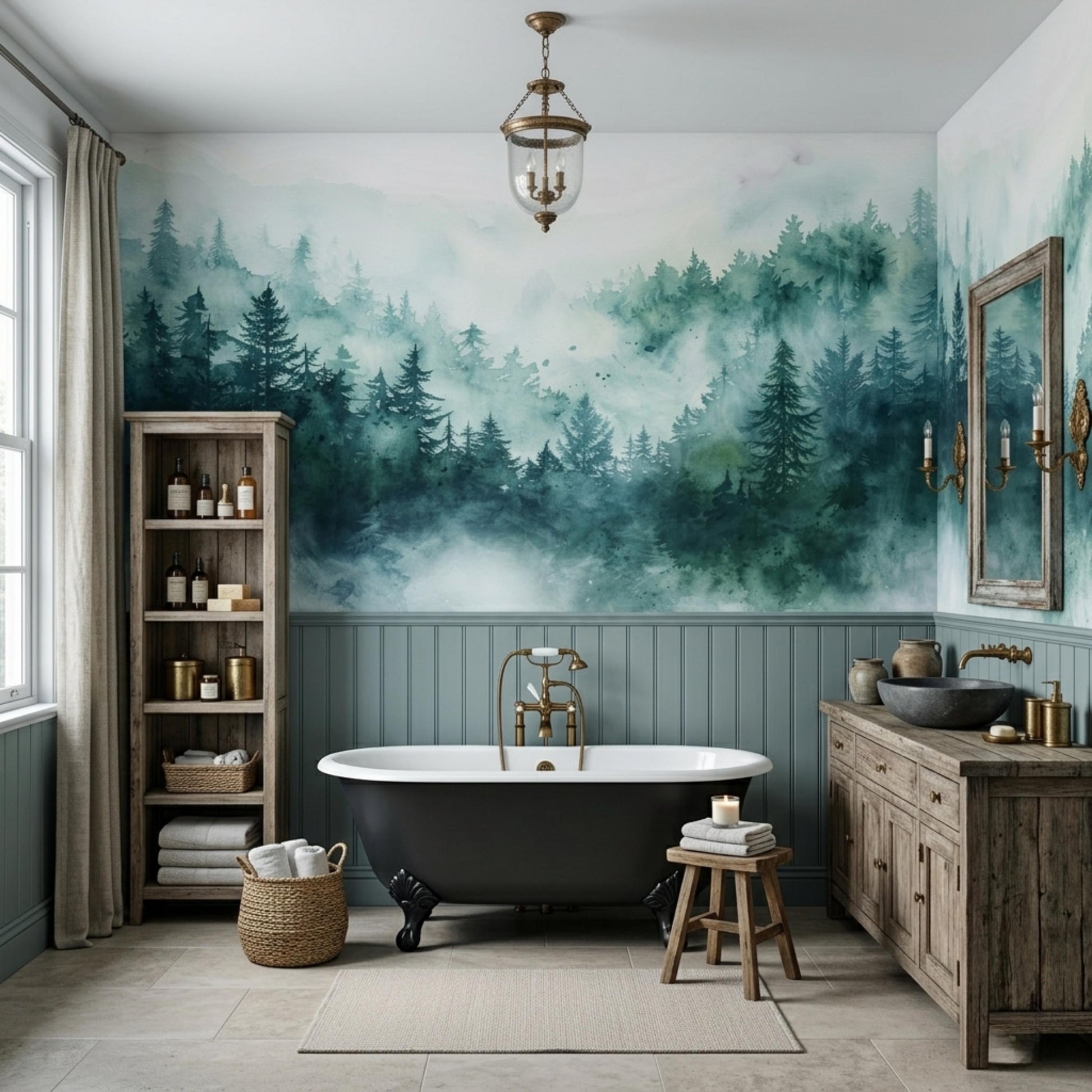 Teal Blue Watercolor Misty Forest Mural, Nature Landscape Peel and Stick Wallpaper-WP0068