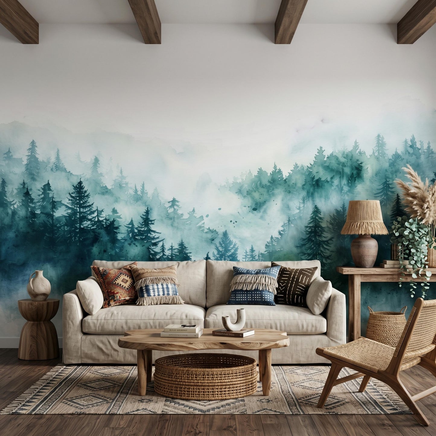 Teal Blue Watercolor Misty Forest Mural, Nature Landscape Peel and Stick Wallpaper-WP0068