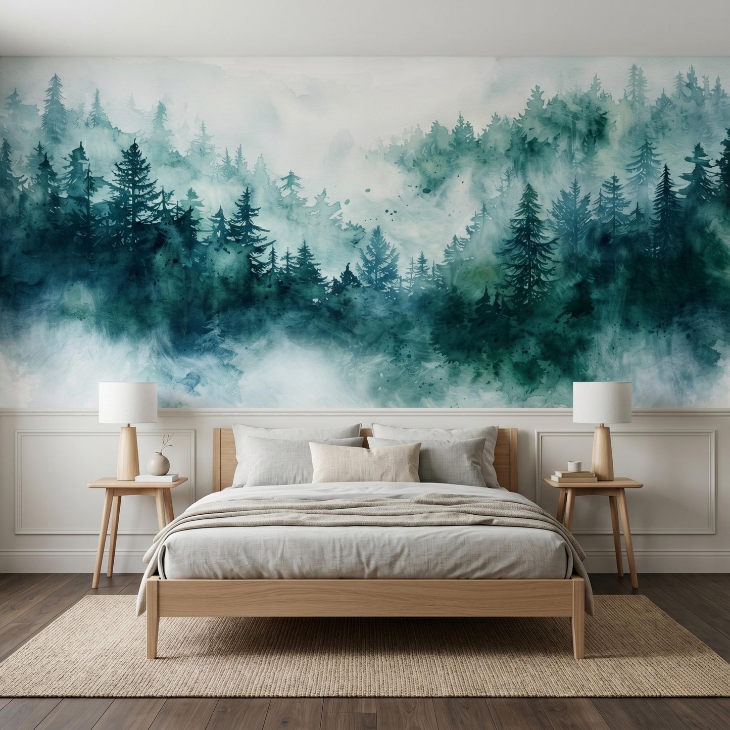 Teal Blue Watercolor Misty Forest Mural, Nature Landscape Peel and Stick Wallpaper-WP0068