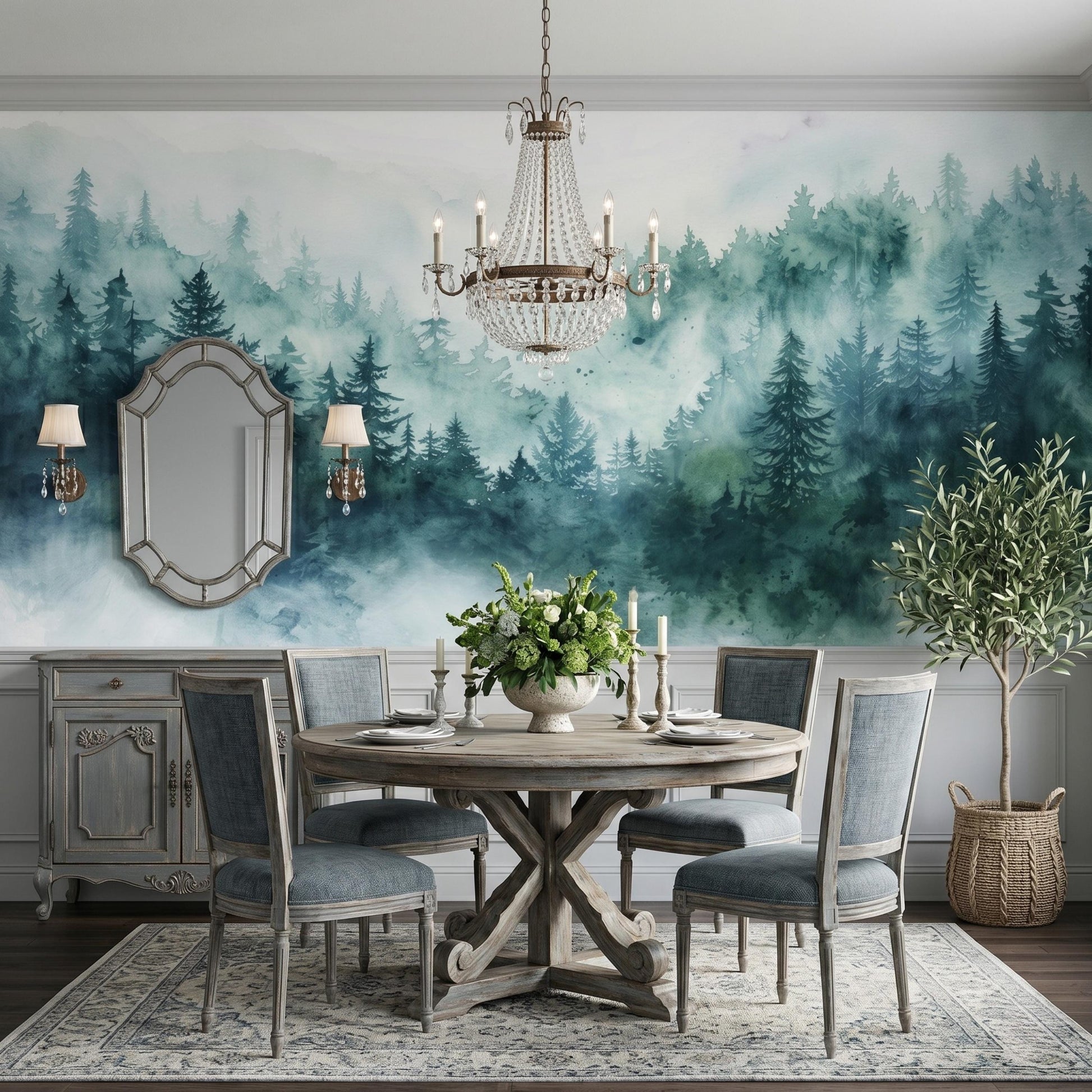 Teal Blue Watercolor Misty Forest Mural, Nature Landscape Peel and Stick Wallpaper-WP0068