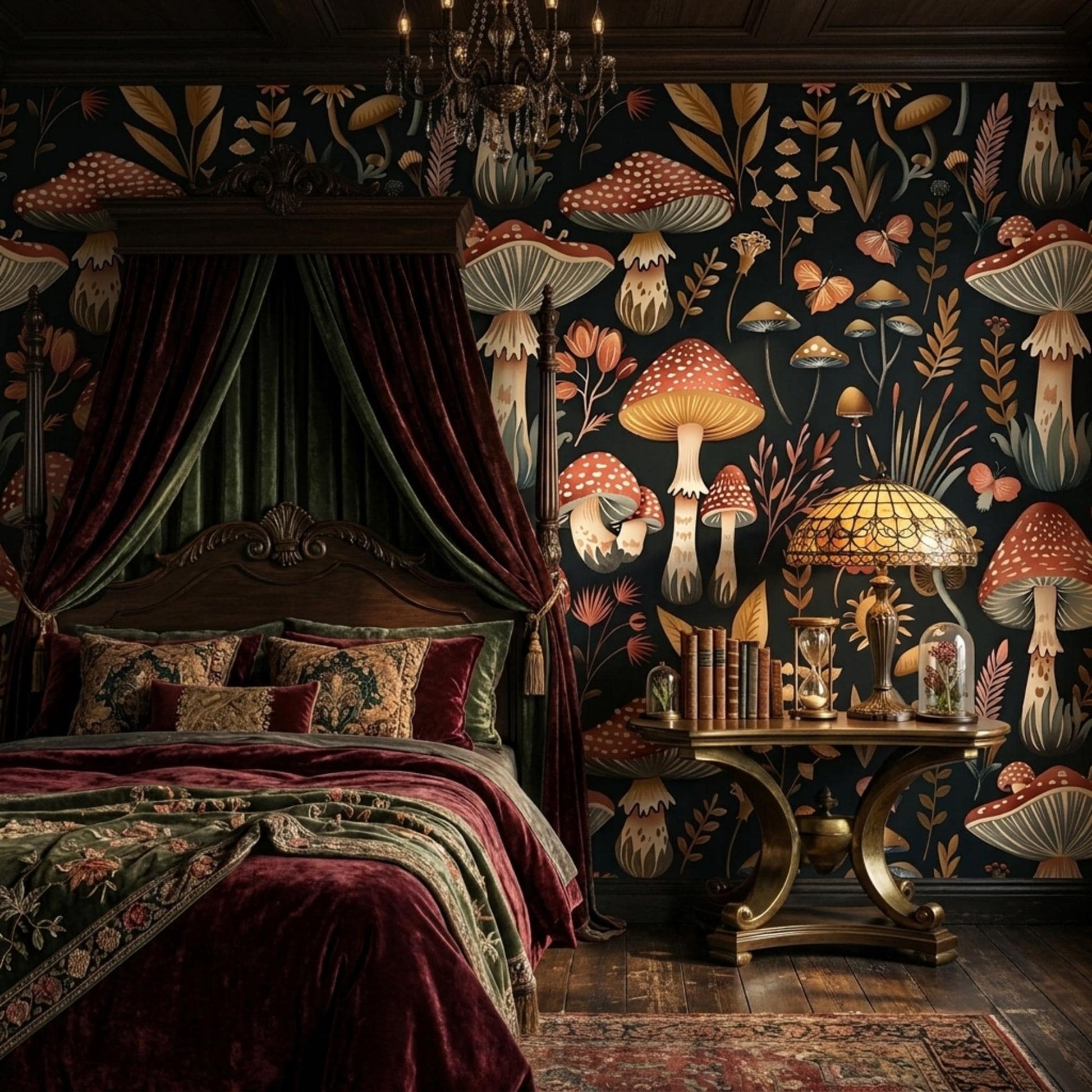 Dark Moody Mushroom Wallpaper, Red Amanita Botanical Peel and Stick-WP0020