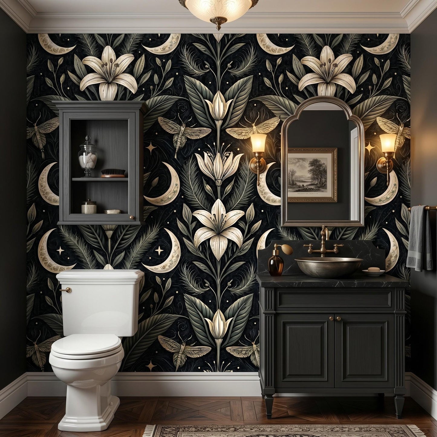 Dark Academia Botanical Moth Moon Wallpaper, Celestial Lilies Floral Wall Decor-WP0019