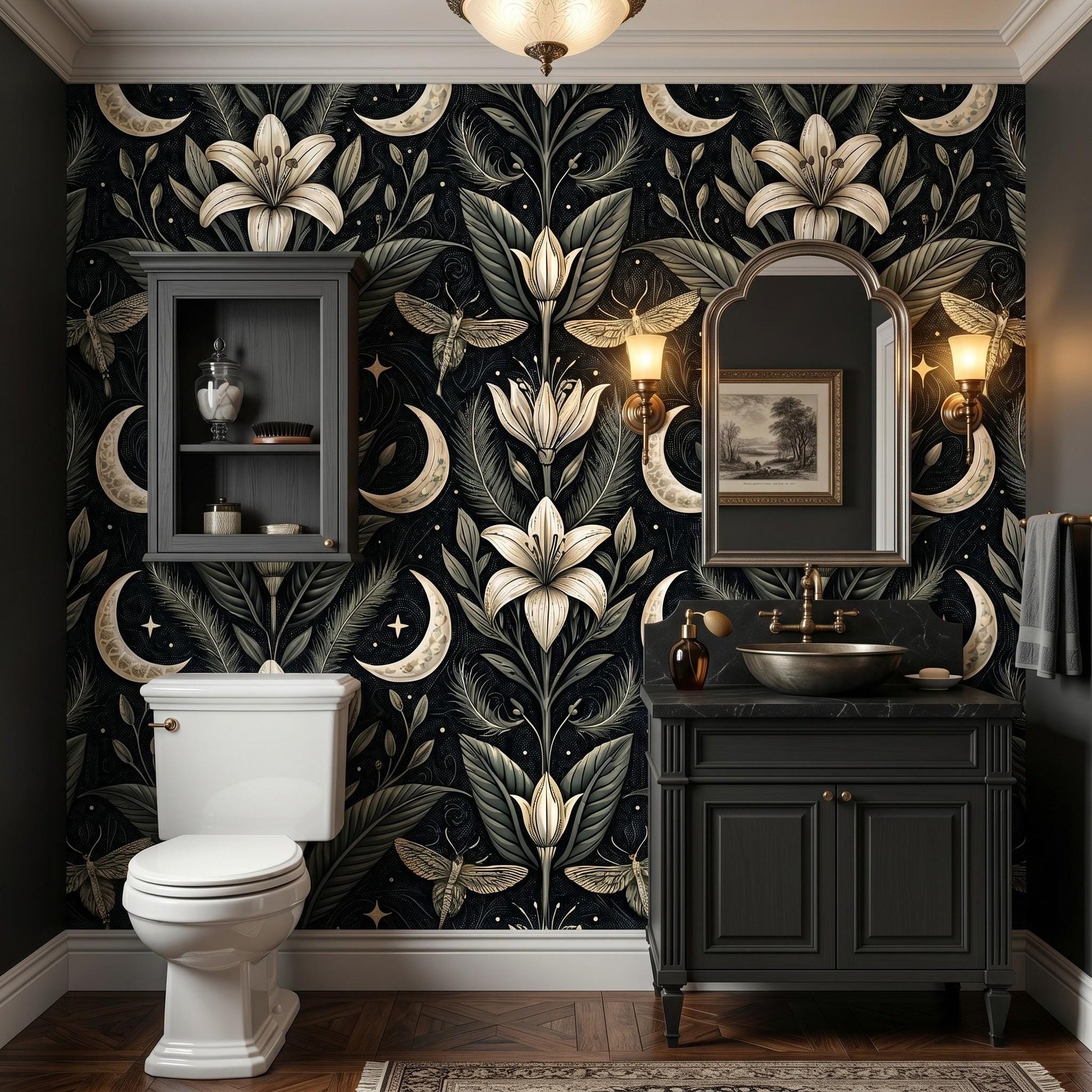 Dark Academia Botanical Moth Moon Wallpaper, Celestial Lilies Floral Wall Decor-WP0019