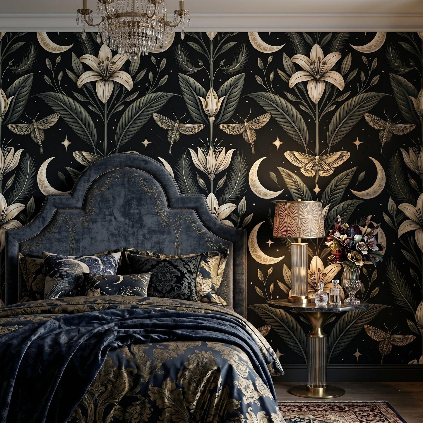 Dark Academia Botanical Moth Moon Wallpaper, Celestial Lilies Floral Wall Decor-WP0019