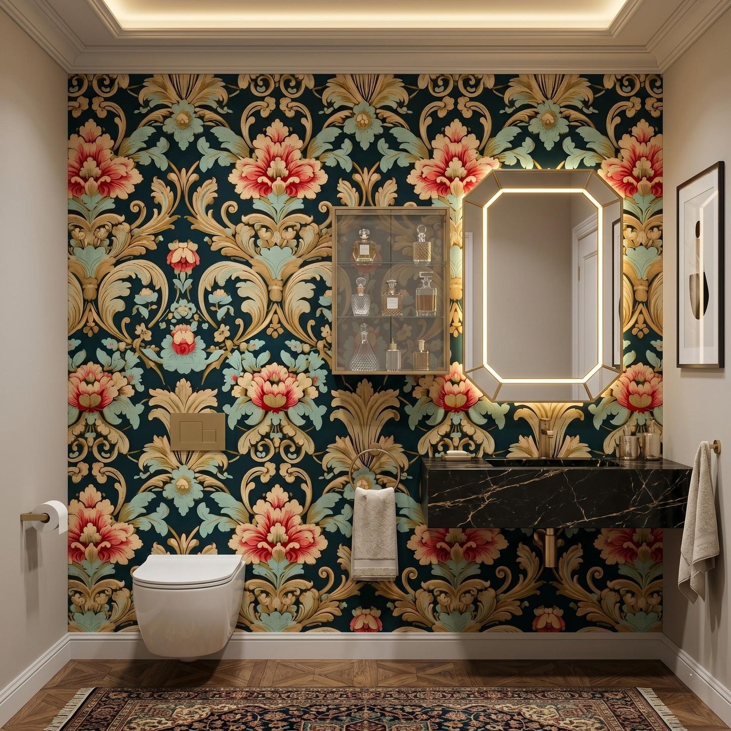 Dark Teal and Gold Victorian Damask Floral Wallpaper, Vintage Ornate Wall Decor, Maximalist Luxury Home Accent, Retro Floral-WP0042