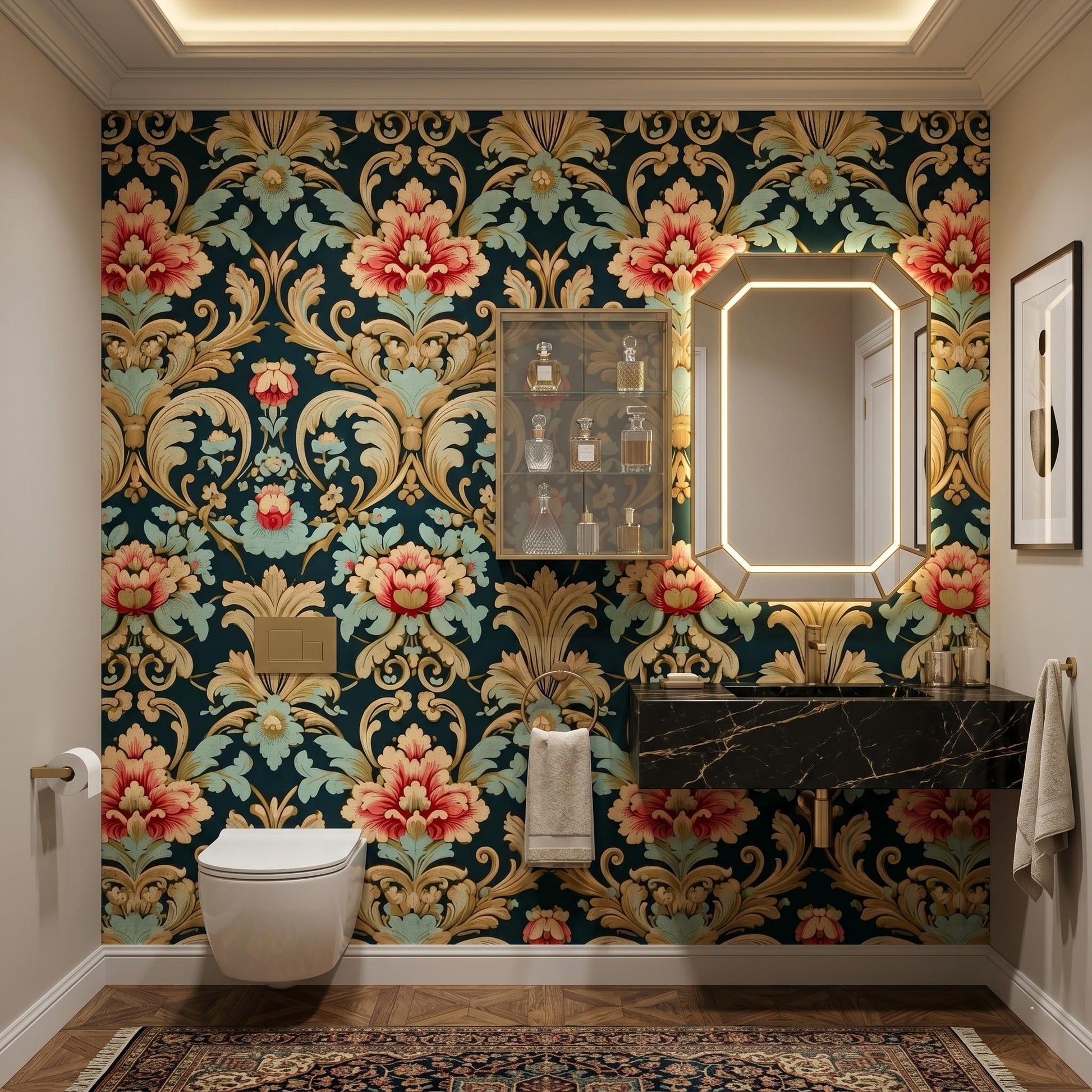 Dark Teal and Gold Victorian Damask Floral Wallpaper, Vintage Ornate Wall Decor, Maximalist Luxury Home Accent, Retro Floral-WP0042