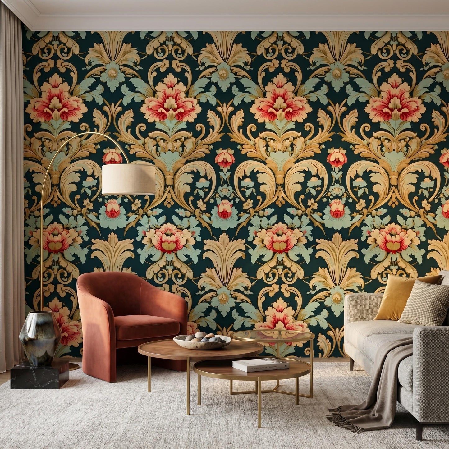 Dark Teal and Gold Victorian Damask Floral Wallpaper, Vintage Ornate Wall Decor, Maximalist Luxury Home Accent, Retro Floral-WP0042
