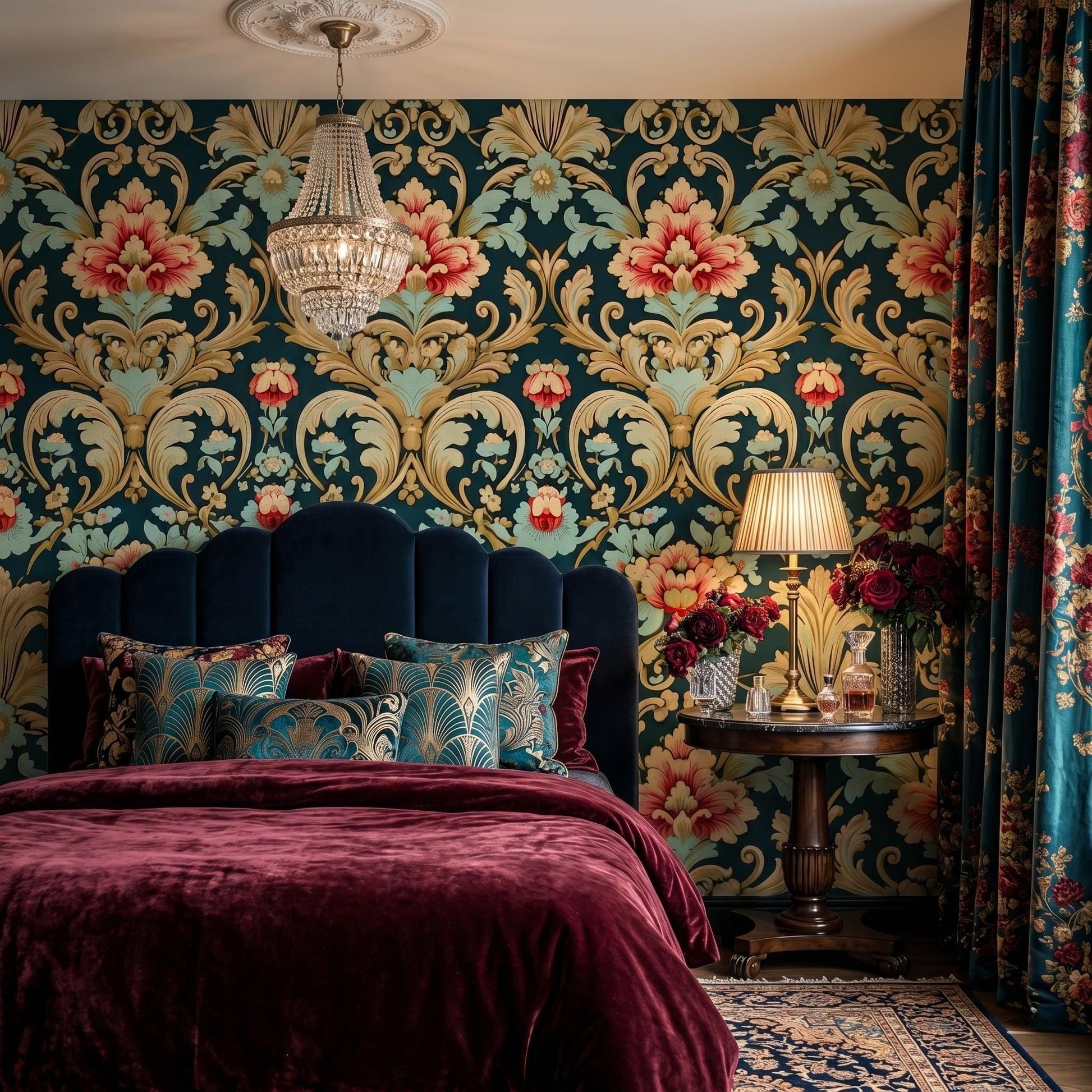 Dark Teal and Gold Victorian Damask Floral Wallpaper, Vintage Ornate Wall Decor, Maximalist Luxury Home Accent, Retro Floral-WP0042