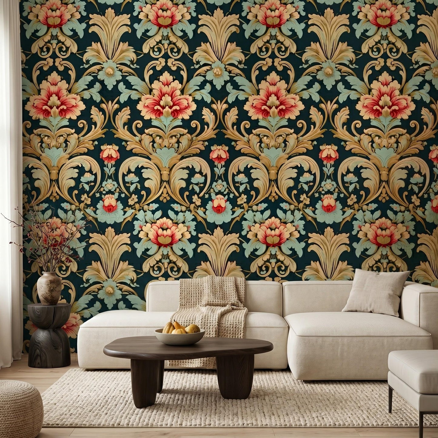 Dark Teal and Gold Victorian Damask Floral Wallpaper, Vintage Ornate Wall Decor, Maximalist Luxury Home Accent, Retro Floral-WP0042