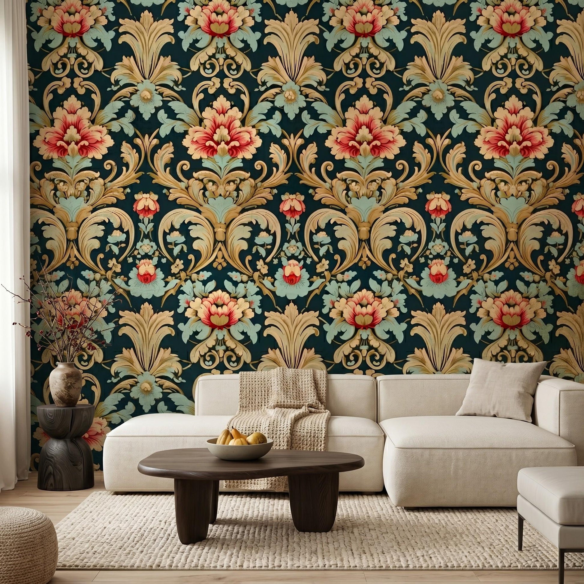Dark Teal and Gold Victorian Damask Floral Wallpaper, Vintage Ornate Wall Decor, Maximalist Luxury Home Accent, Retro Floral-WP0042
