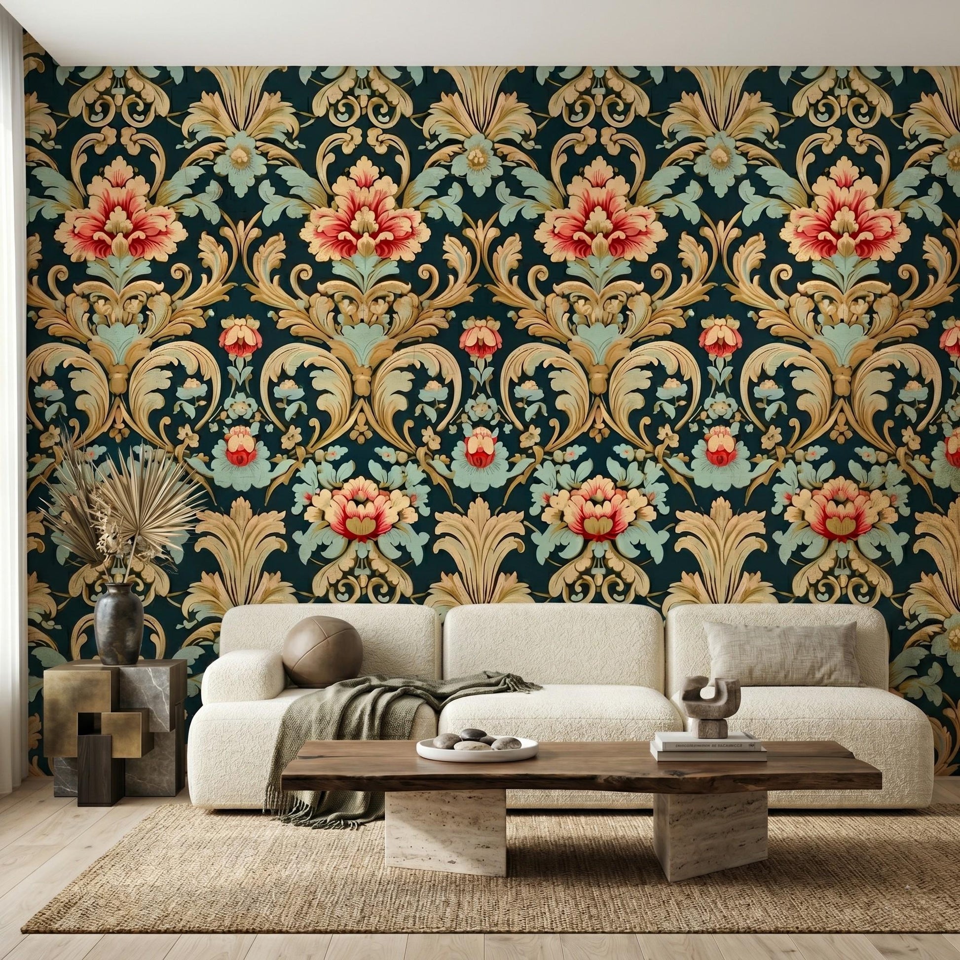 Dark Teal and Gold Victorian Damask Floral Wallpaper, Vintage Ornate Wall Decor, Maximalist Luxury Home Accent, Retro Floral-WP0042