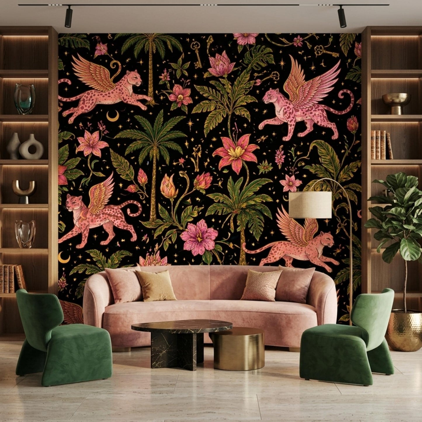 Maximalist Jungle Panther Wallpaper, Whimsigoth Celestial Tropical Mural-WP0043