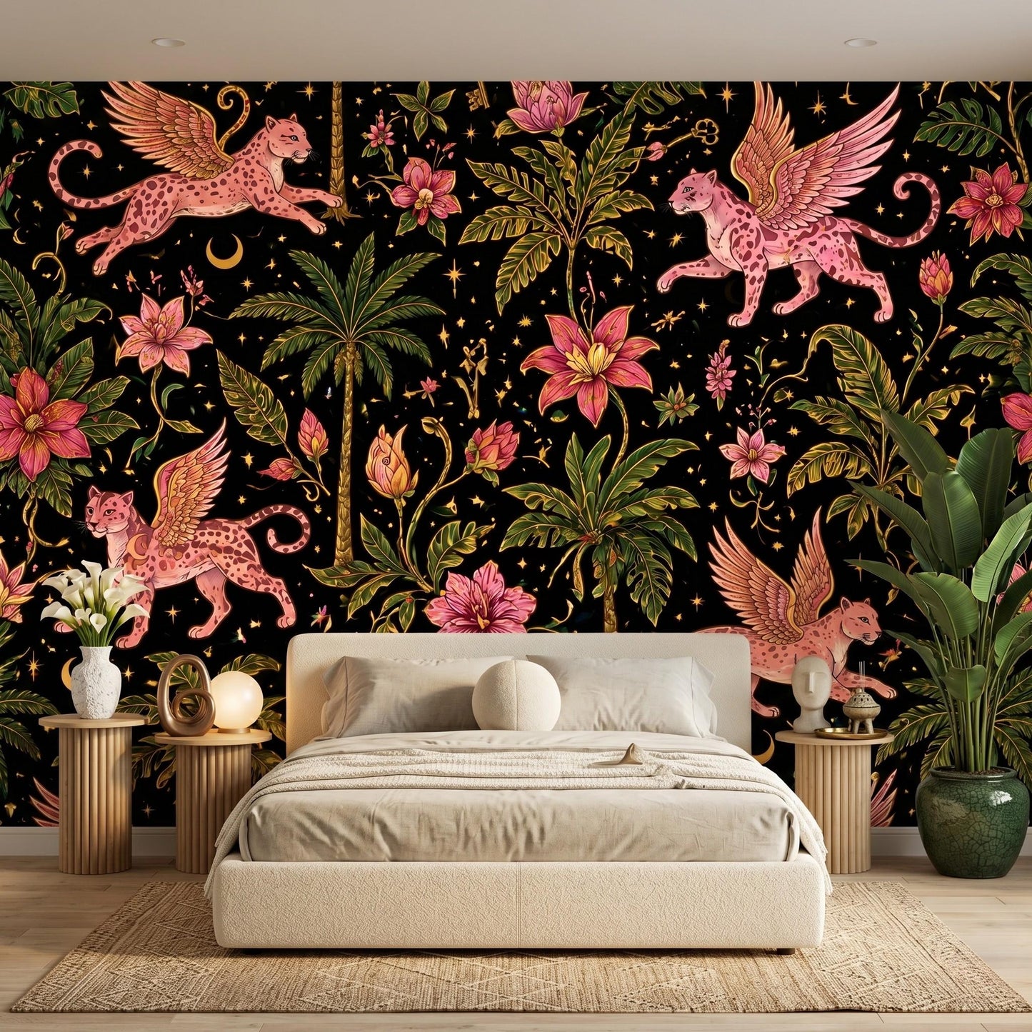 Maximalist Jungle Panther Wallpaper, Whimsigoth Celestial Tropical Mural-WP0043