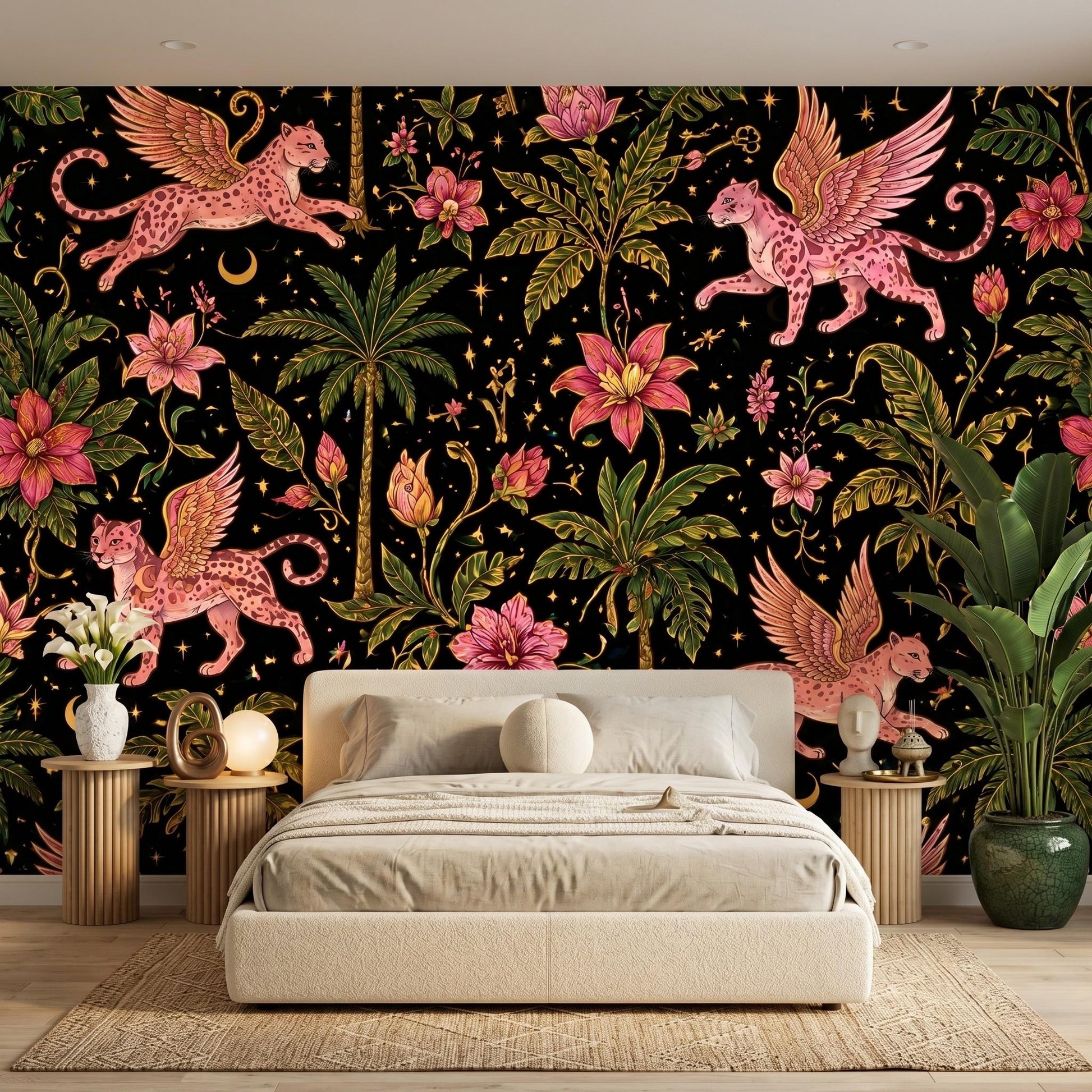 Maximalist Jungle Panther Wallpaper, Whimsigoth Celestial Tropical Mural-WP0043