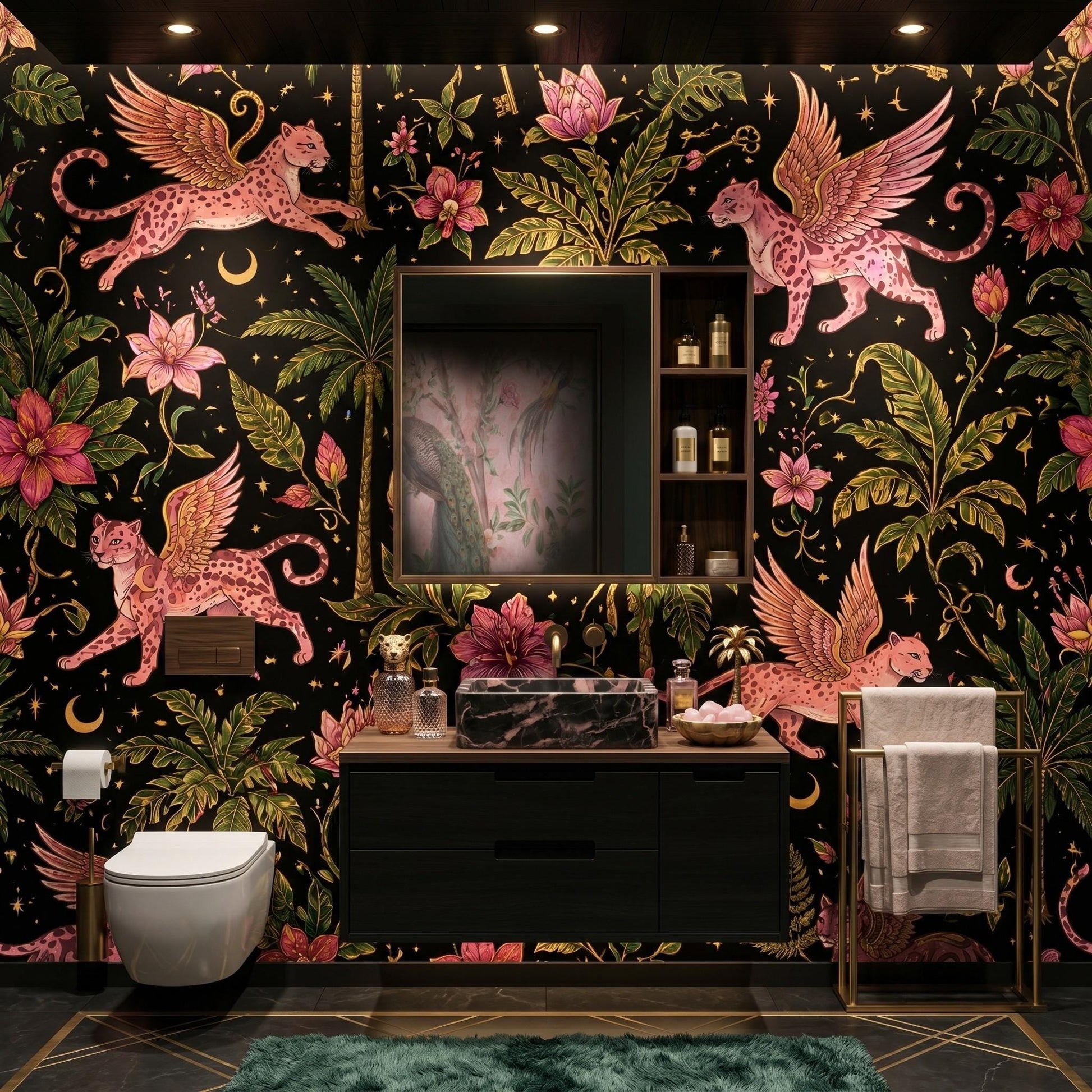 Maximalist Jungle Panther Wallpaper, Whimsigoth Celestial Tropical Mural-WP0043