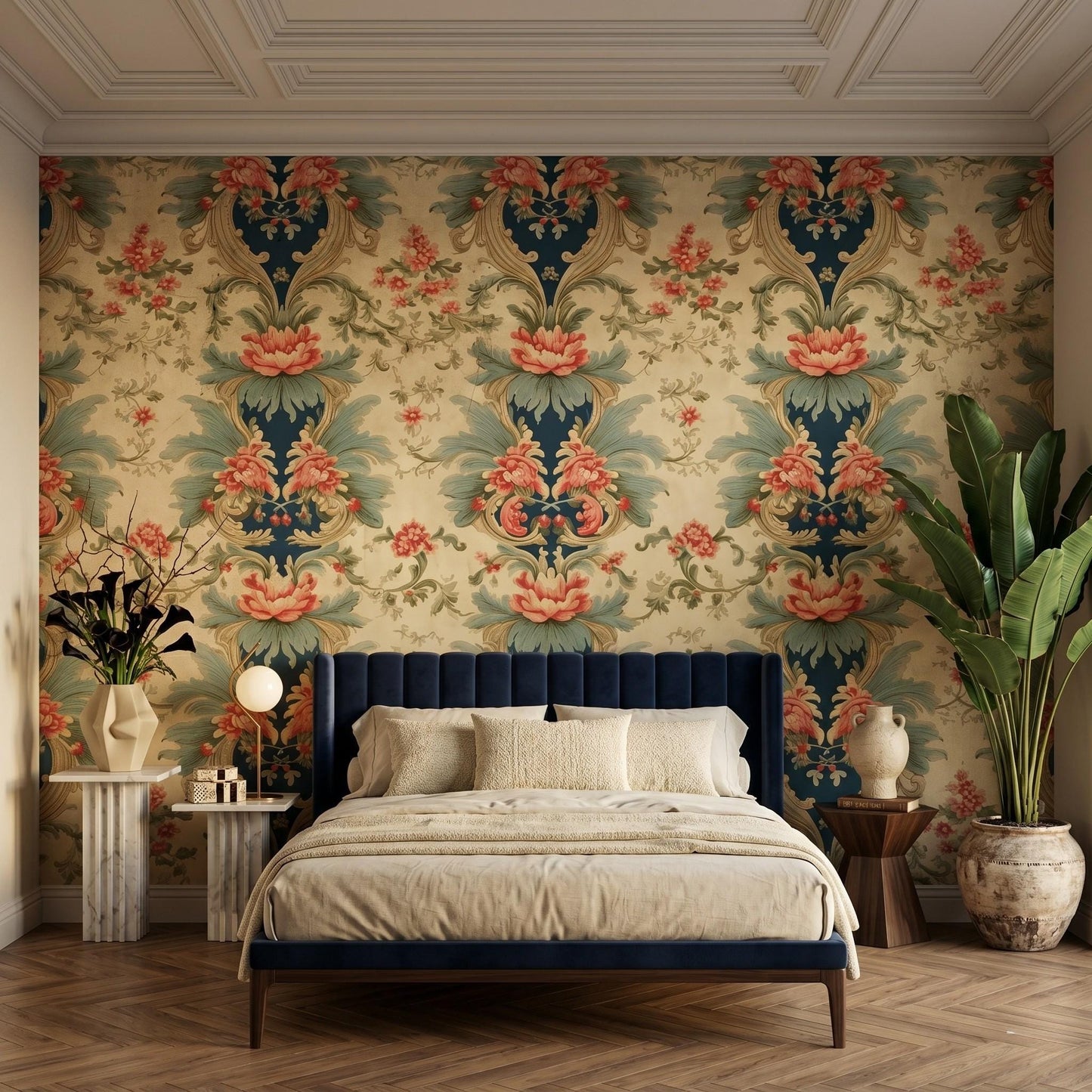 Peel and Stick Gold Teal Baroque Floral Wallpaper, Vintage Damask Wall Decor-WP0045