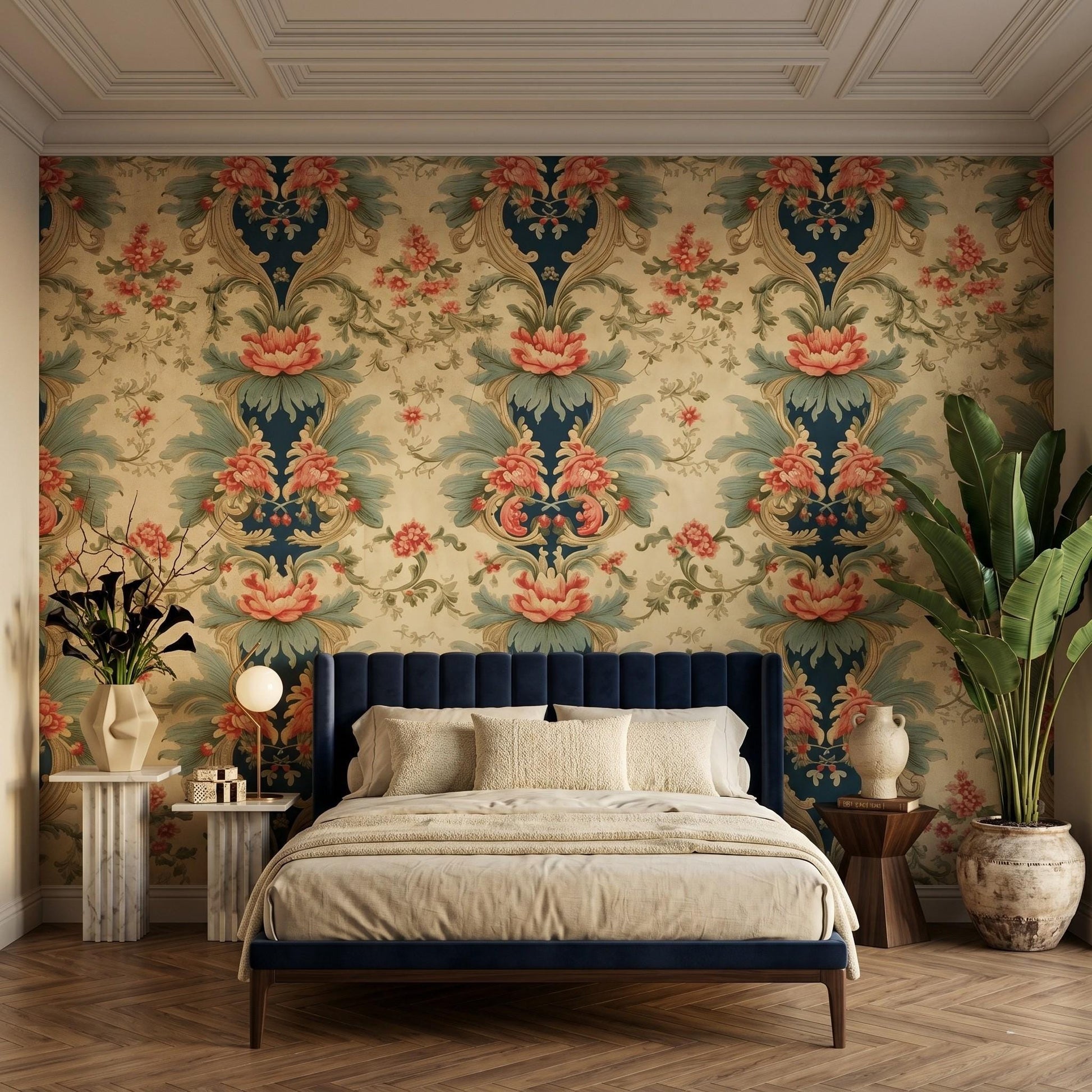 Peel and Stick Gold Teal Baroque Floral Wallpaper, Vintage Damask Wall Decor-WP0045