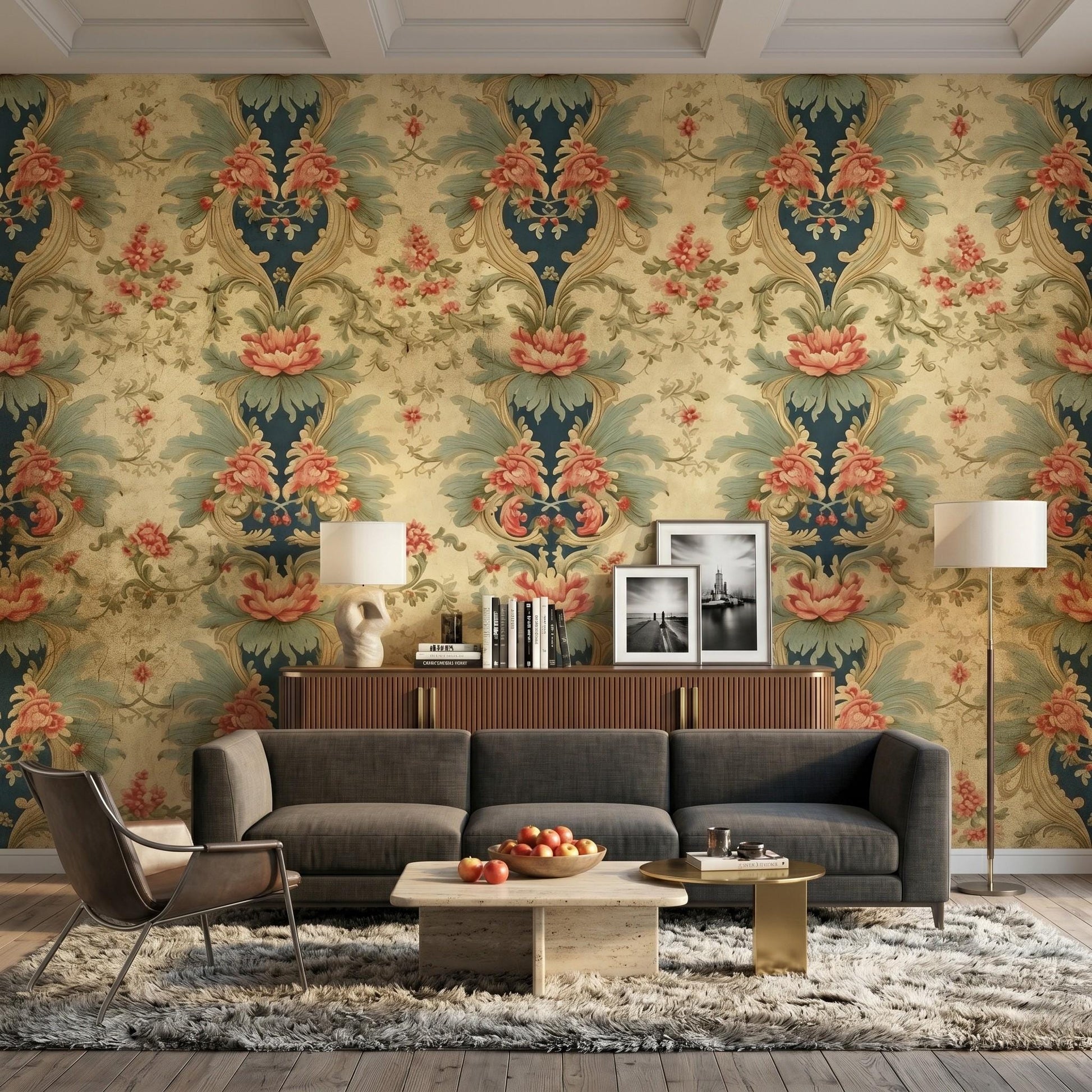 Peel and Stick Gold Teal Baroque Floral Wallpaper, Vintage Damask Wall Decor-WP0045