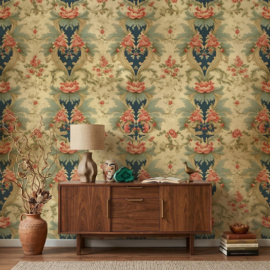 Peel and Stick Gold Teal Baroque Floral Wallpaper, Vintage Damask Wall Decor-WP0045