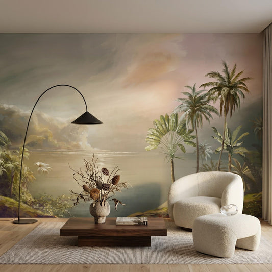 Beige Tropical Landscape Wallpaper Peel and Stick, Vintage Coastal Palm Mural-WP0046