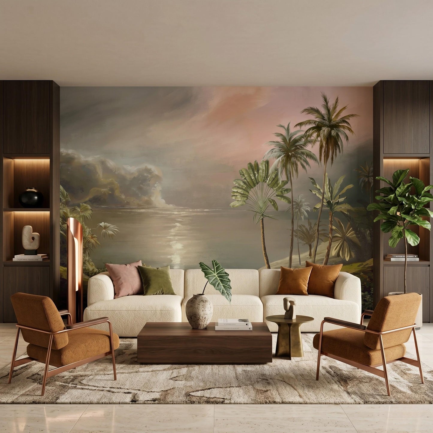 Beige Tropical Landscape Wallpaper Peel and Stick, Vintage Coastal Palm Mural-WP0046