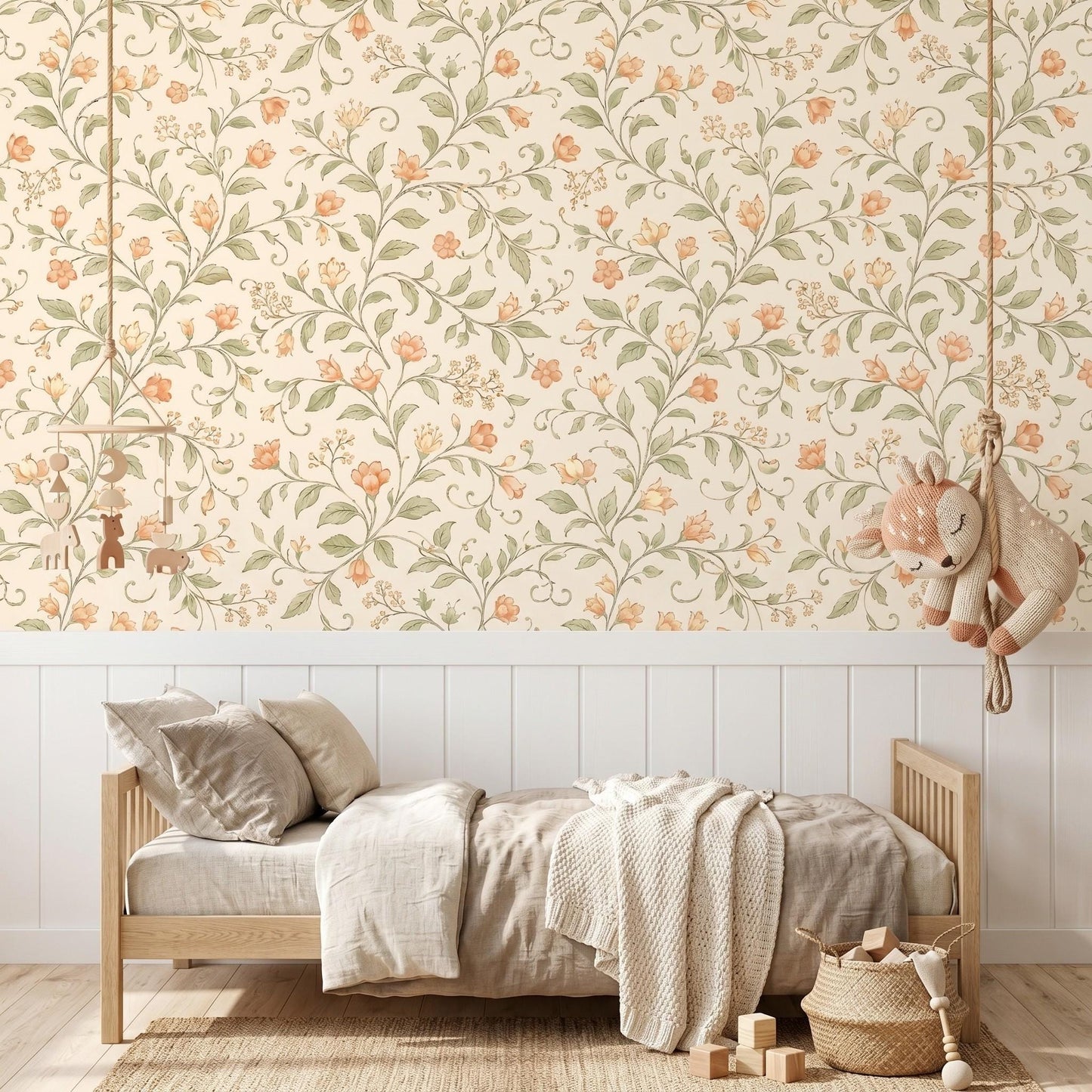 William Morris Floral Wallpaper, Cream Peach Botanical Mural, Sage Green Cottagecore Decor-WP0047
