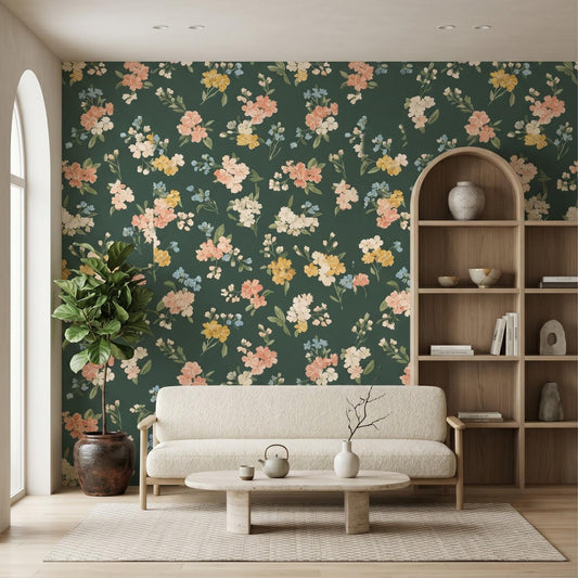 Dark Forest Green Wildflower Wallpaper, Moody Botanical Cottagecore Mural Peel and Stick-WP0048
