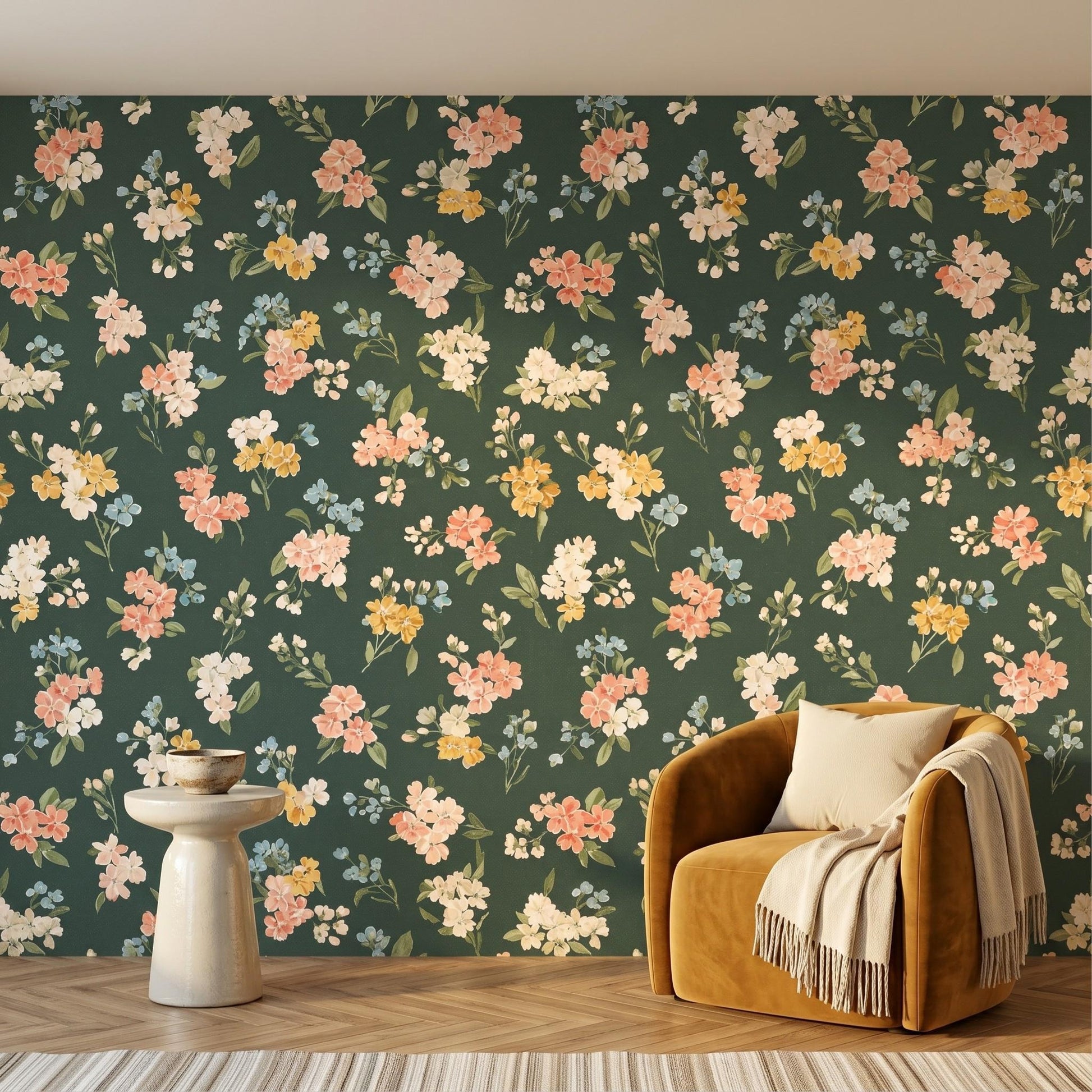Dark Forest Green Wildflower Wallpaper, Moody Botanical Cottagecore Mural Peel and Stick-WP0048