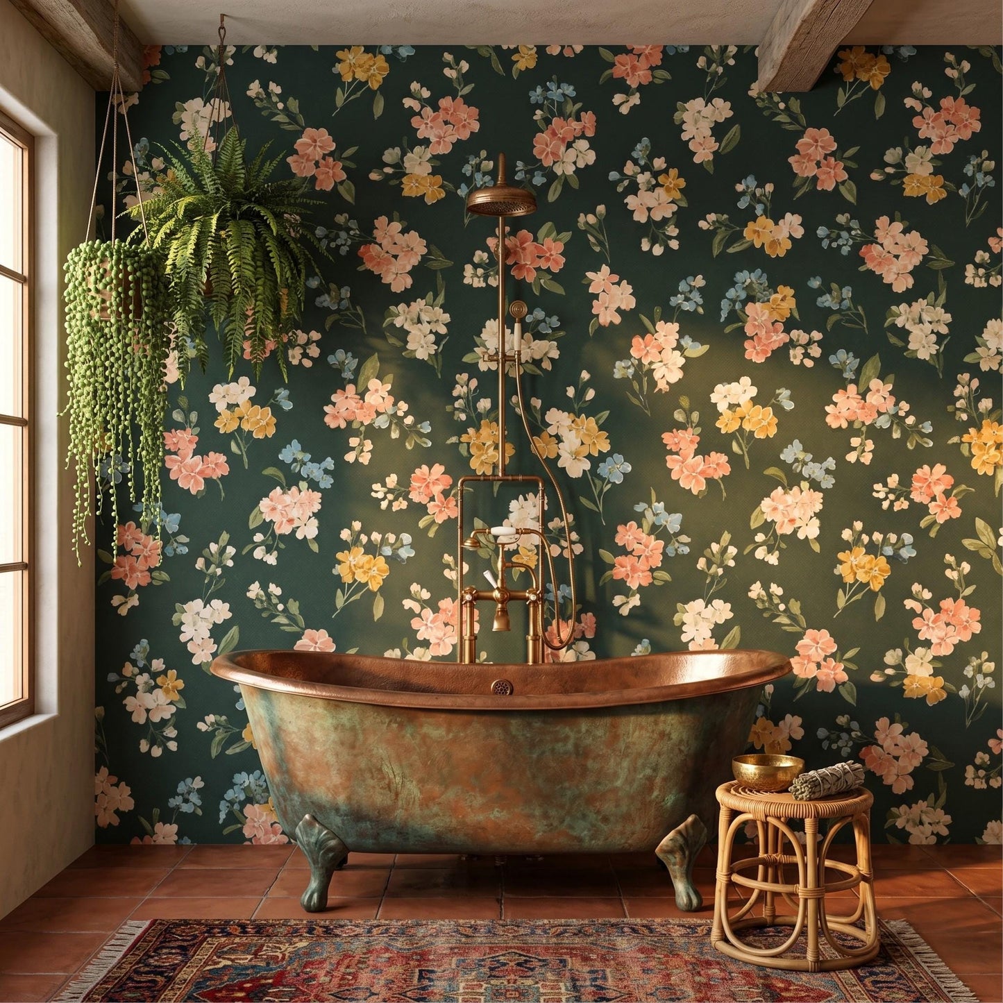 Dark Forest Green Wildflower Wallpaper, Moody Botanical Cottagecore Mural Peel and Stick-WP0048