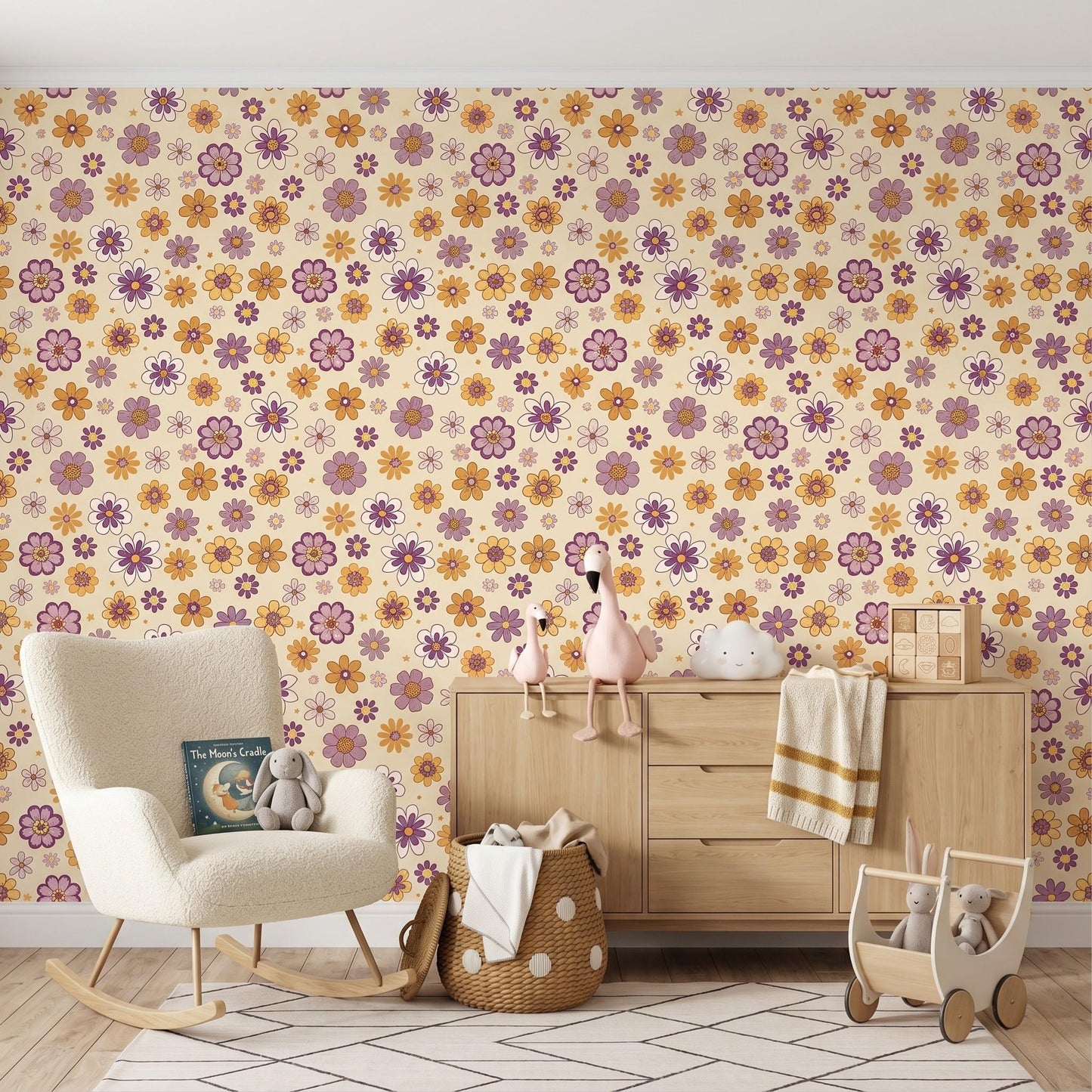 Mustard Yellow 70s Floral Wallpaper, Retro Groovy Flower Power Accent Wall Mural-WP0049