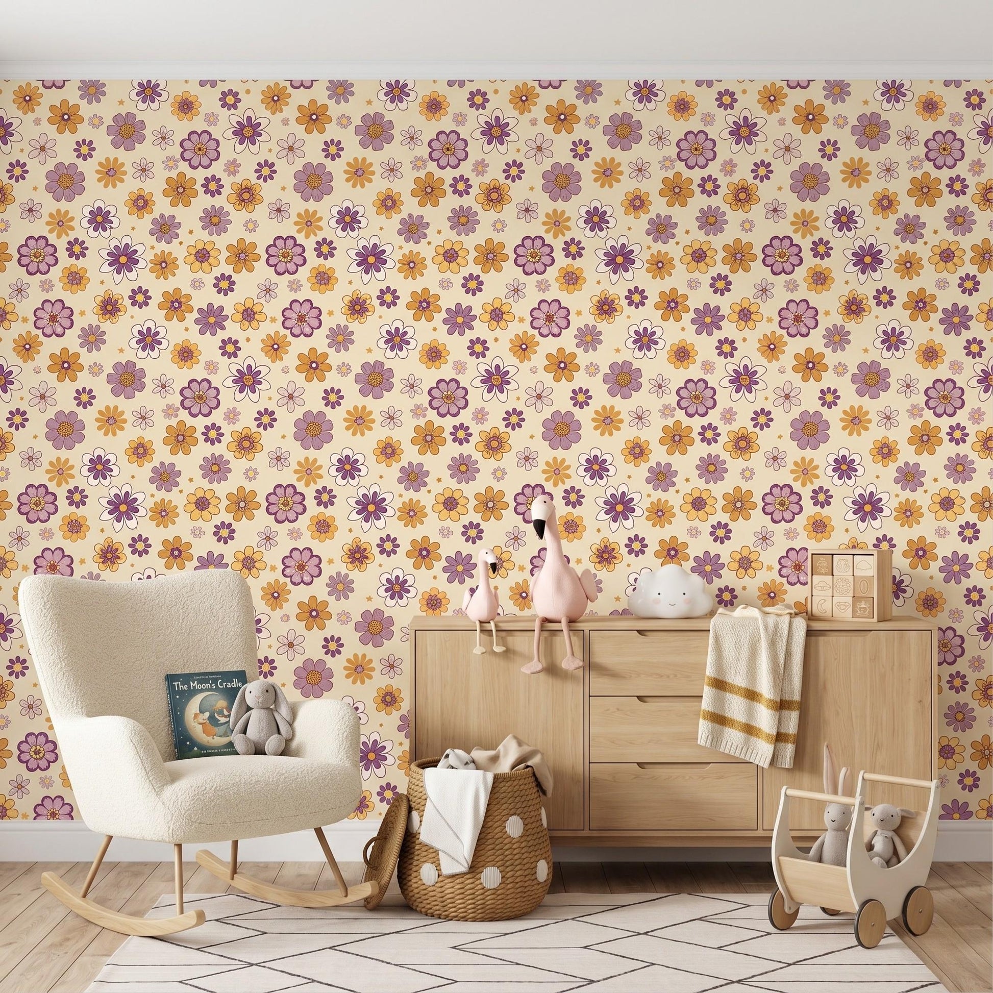 Mustard Yellow 70s Floral Wallpaper, Retro Groovy Flower Power Accent Wall Mural-WP0049