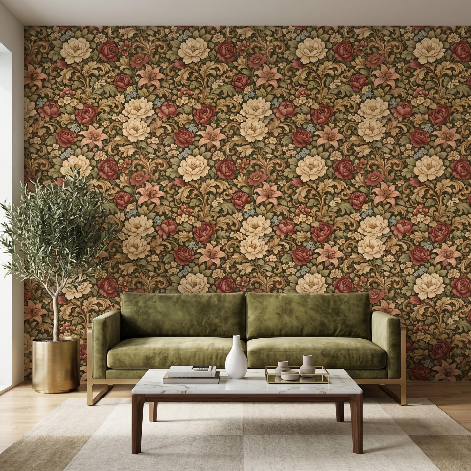 Olive Green Floral Wallpaper, William Morris Style Botanical Wall Decor, Vintage Peel and Stick Wallpaper-WP0069