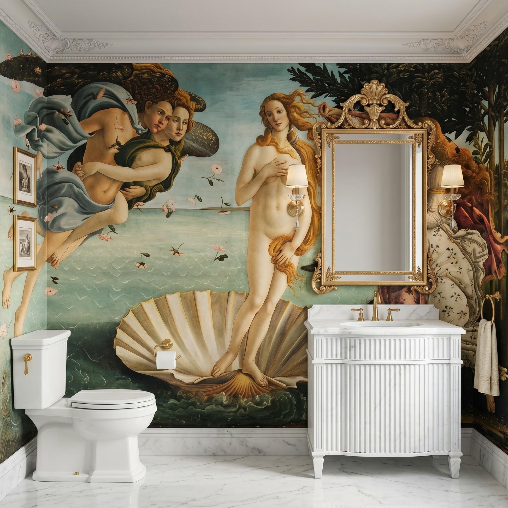 Renaissance Birth of Venus Teal Gold Wall Mural, Dark Academia Museum Accent Wall-WP0050