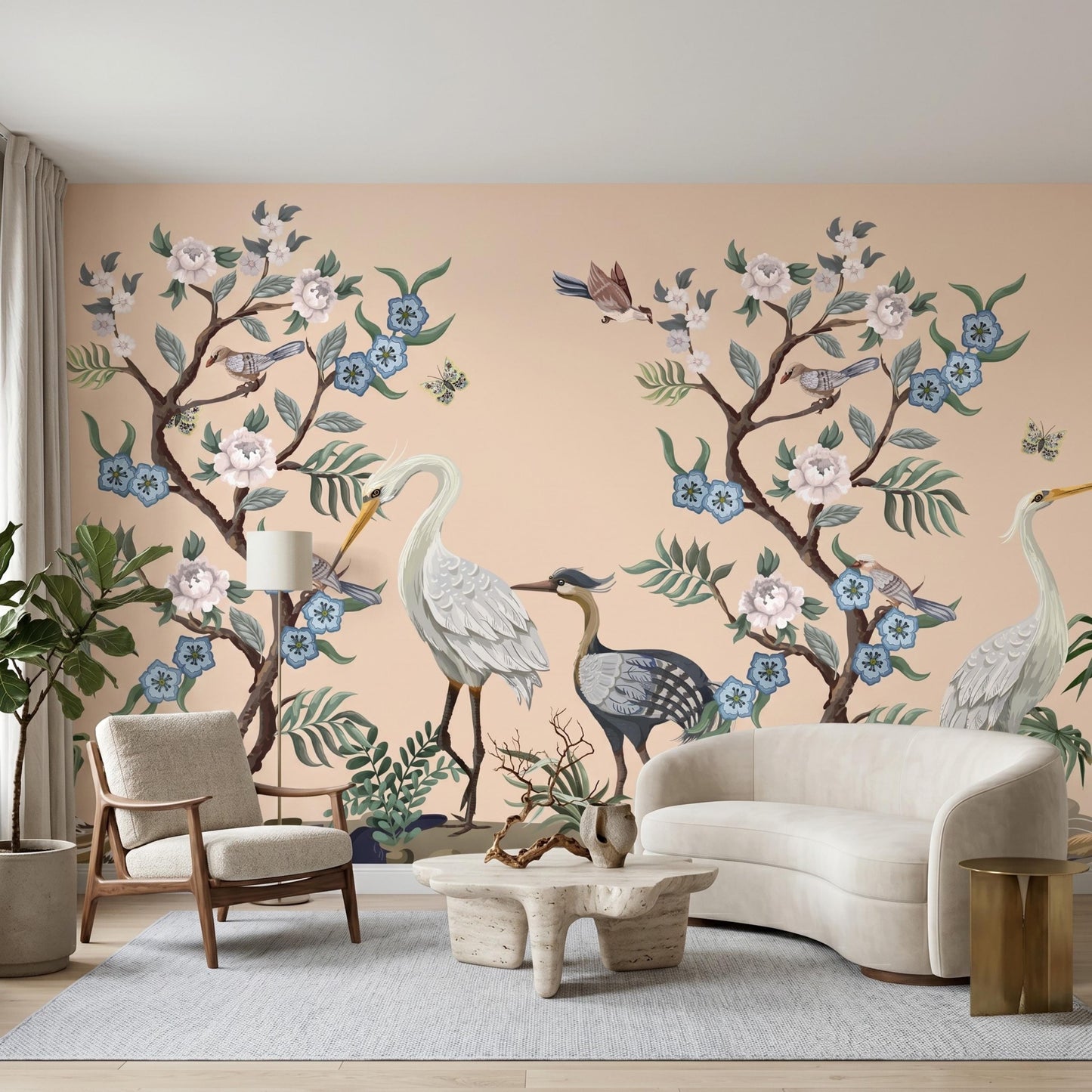 Peach Chinoiserie Heron Floral Wallpaper Mural, Vintage Bird Wall Art Peel and Stick-WP0070
