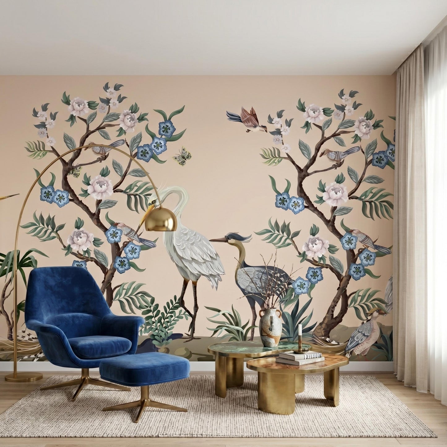 Peach Chinoiserie Heron Floral Wallpaper Mural, Vintage Bird Wall Art Peel and Stick-WP0070