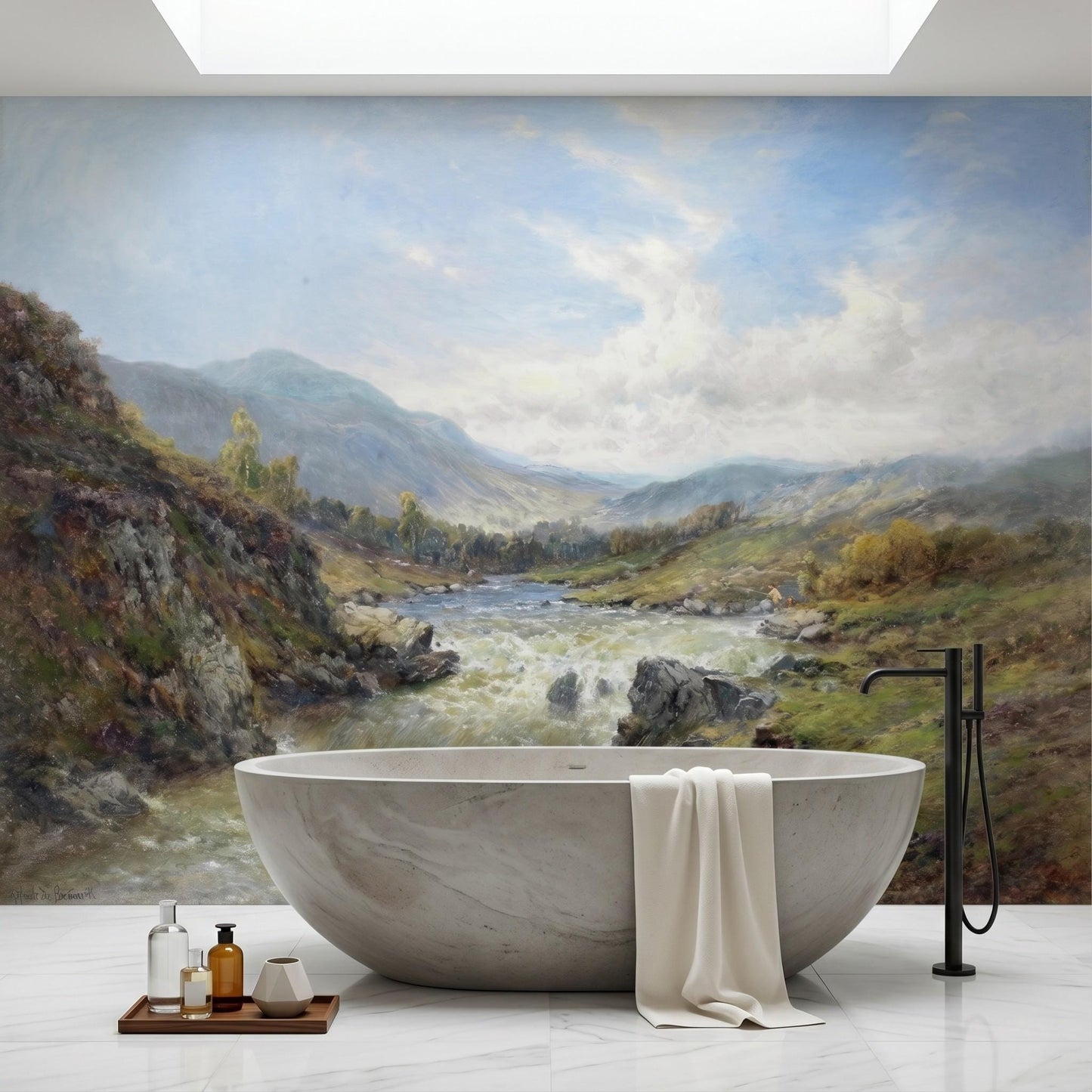 Oil Painting Landscape Mural, Scottish Highlands River Wallpaper, Nature Wall Decor-WP0053