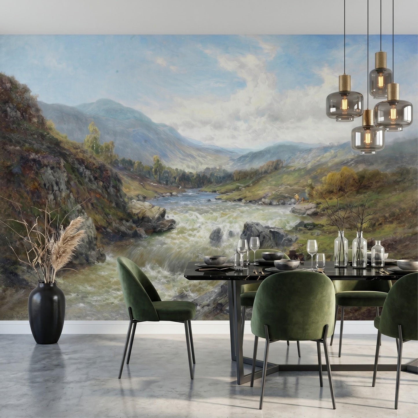 Oil Painting Landscape Mural, Scottish Highlands River Wallpaper, Nature Wall Decor-WP0053