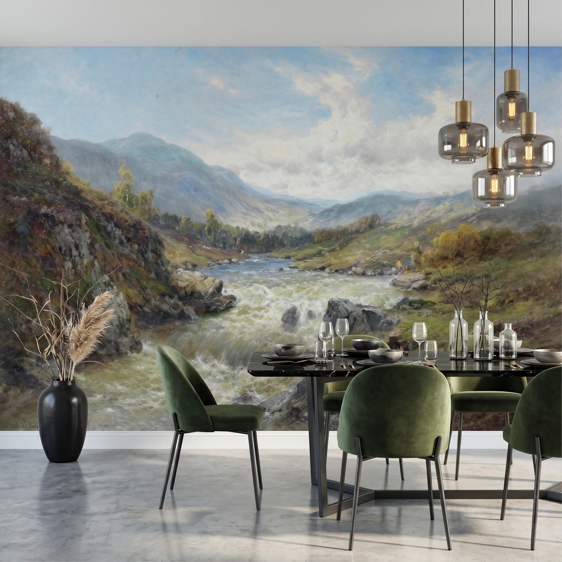 Oil Painting Landscape Mural, Scottish Highlands River Wallpaper, Nature Wall Decor-WP0053