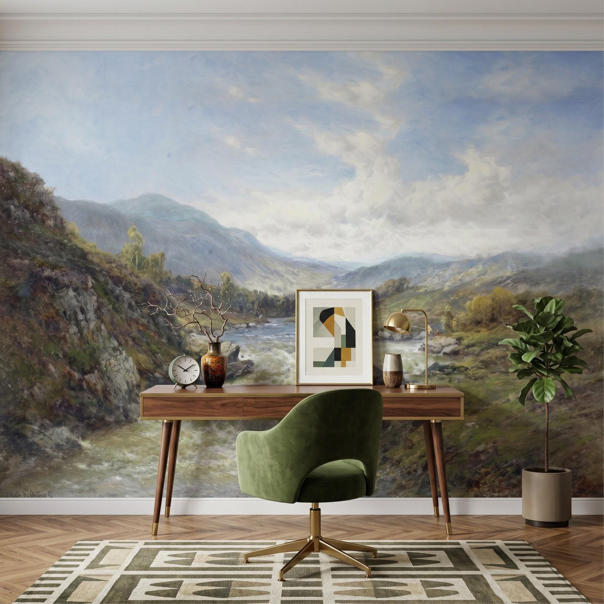 Oil Painting Landscape Mural, Scottish Highlands River Wallpaper, Nature Wall Decor-WP0053