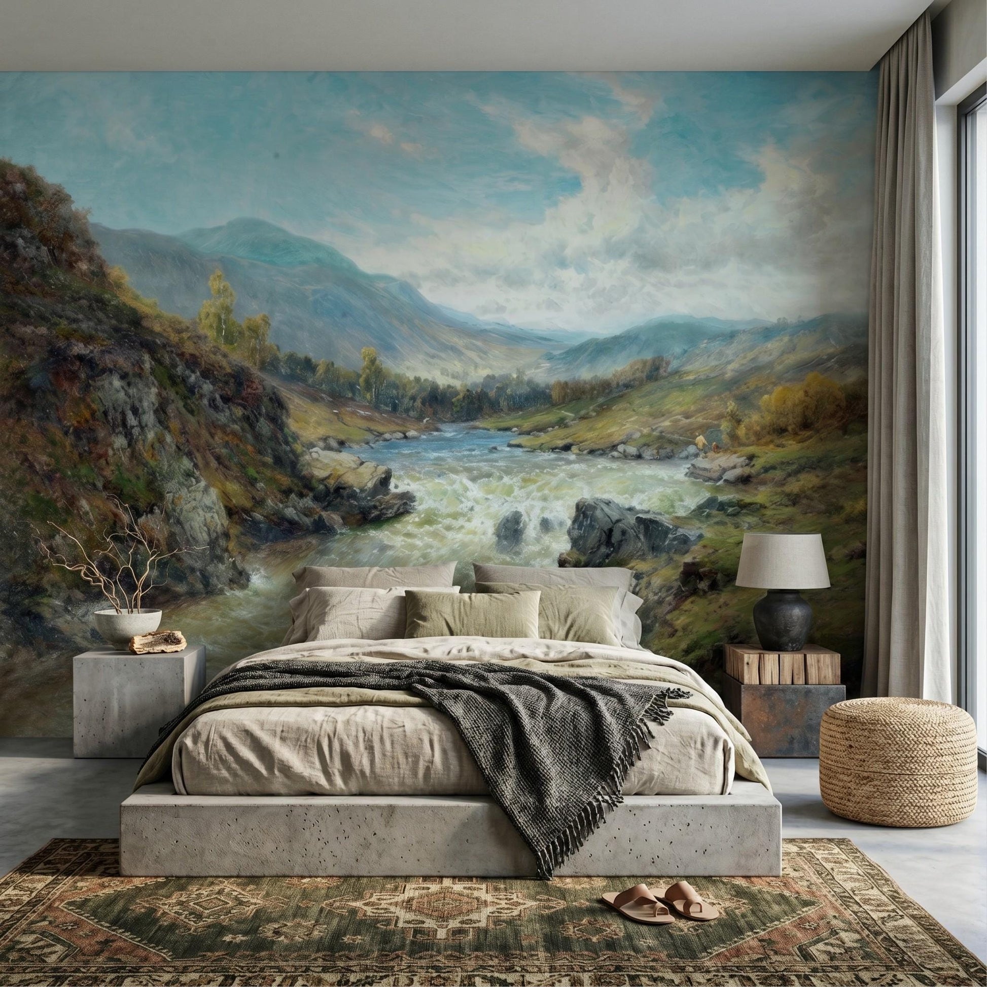 Oil Painting Landscape Mural, Scottish Highlands River Wallpaper, Nature Wall Decor-WP0053
