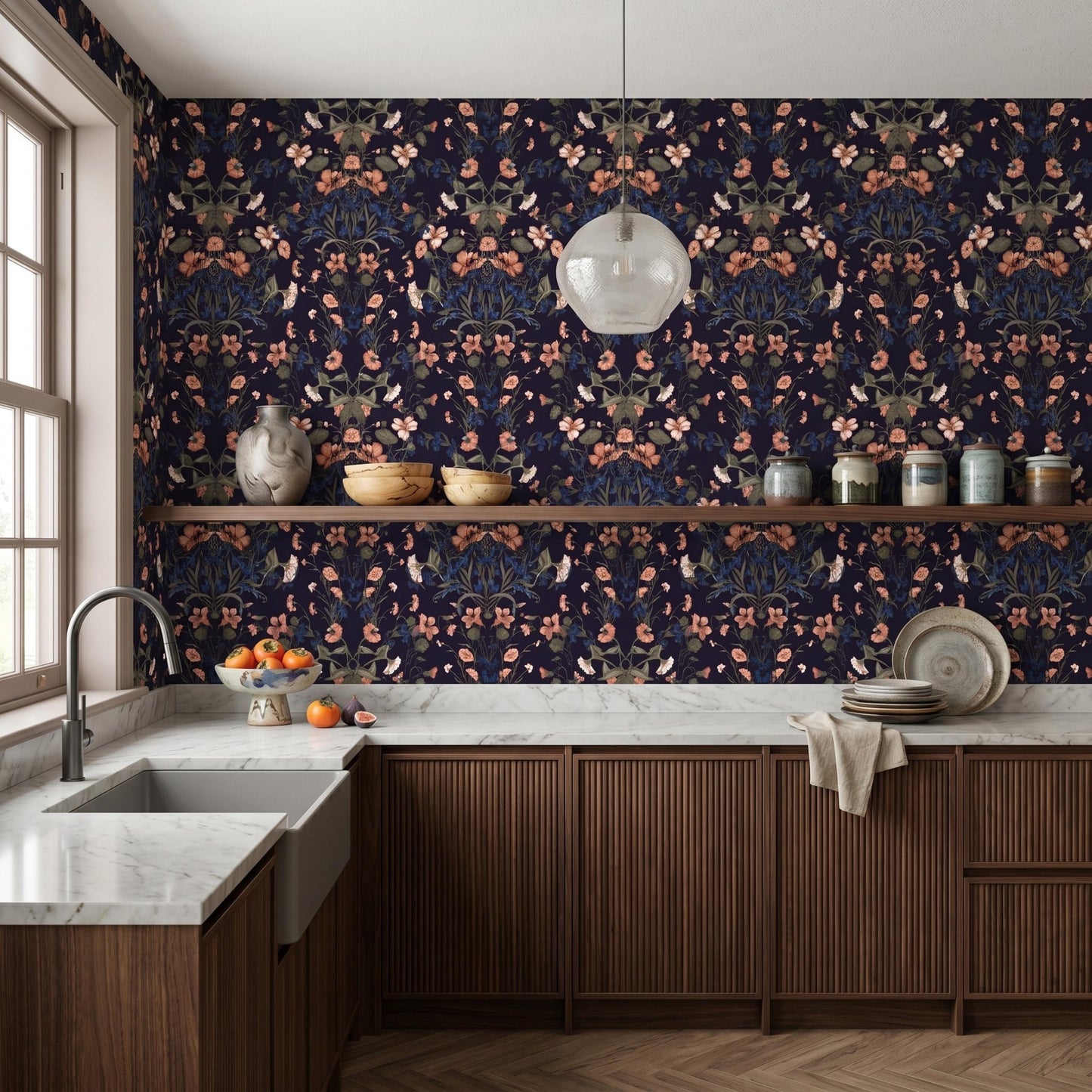 Dark Navy Floral Wallpaper, William Morris Style Botanical Decor, Moody Vintage Peel and Stick-WP0071