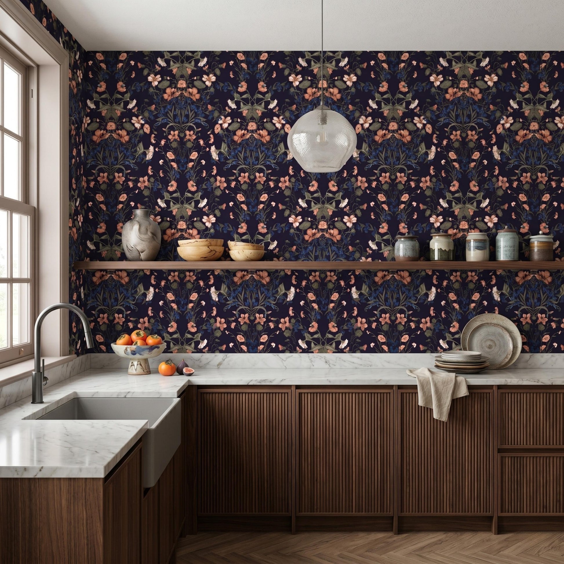 Dark Navy Floral Wallpaper, William Morris Style Botanical Decor, Moody Vintage Peel and Stick-WP0071
