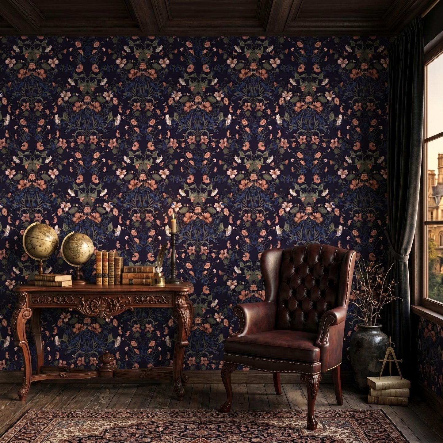Dark Navy Floral Wallpaper, William Morris Style Botanical Decor, Moody Vintage Peel and Stick-WP0071