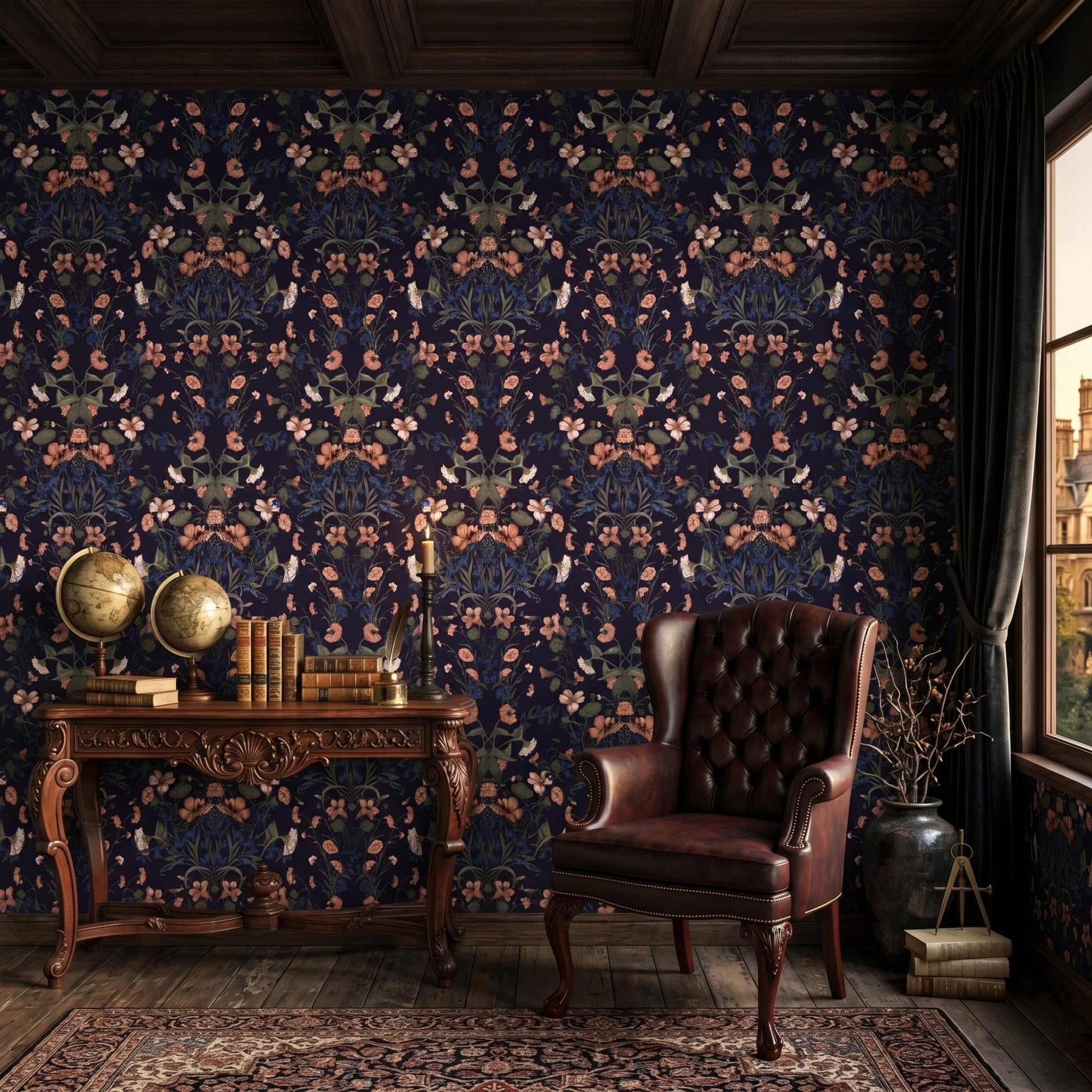 Dark Navy Floral Wallpaper, William Morris Style Botanical Decor, Moody Vintage Peel and Stick-WP0071