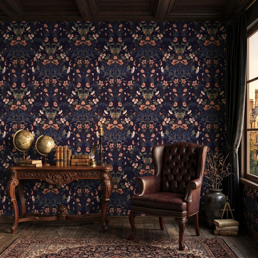 Dark Navy Floral Wallpaper, William Morris Style Botanical Decor, Moody Vintage Peel and Stick-WP0071