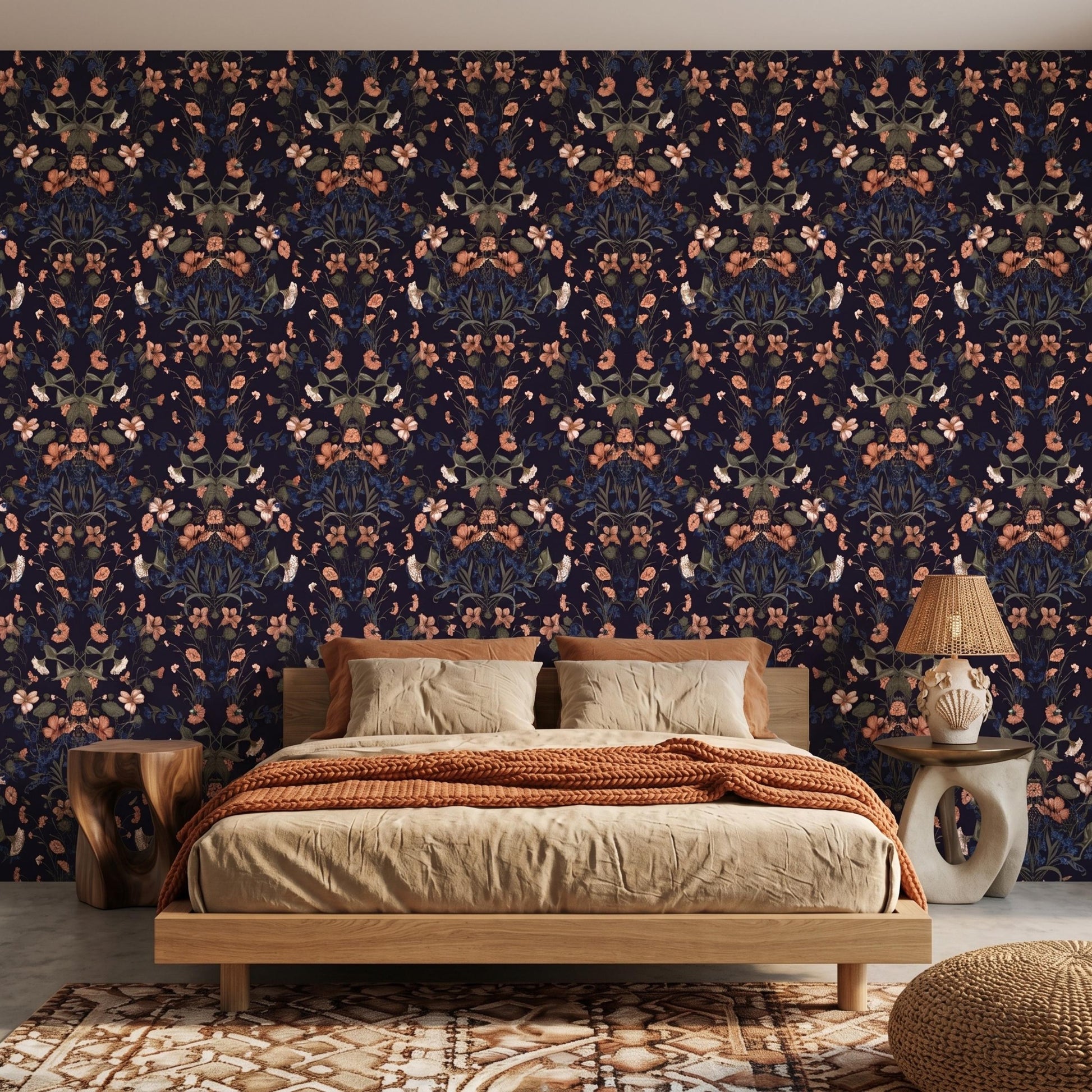 Dark Navy Floral Wallpaper, William Morris Style Botanical Decor, Moody Vintage Peel and Stick-WP0071