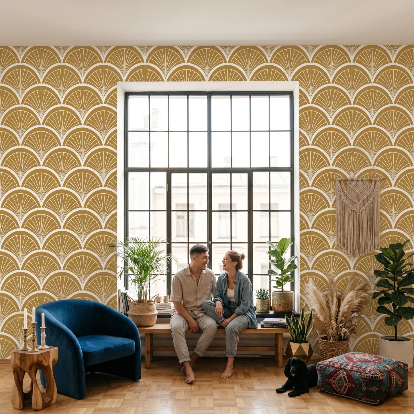 Mustard Yellow Art Deco Wallpaper, Retro Scallop Fan Wall Decor, Mid Century Peel and Stick-WP0072