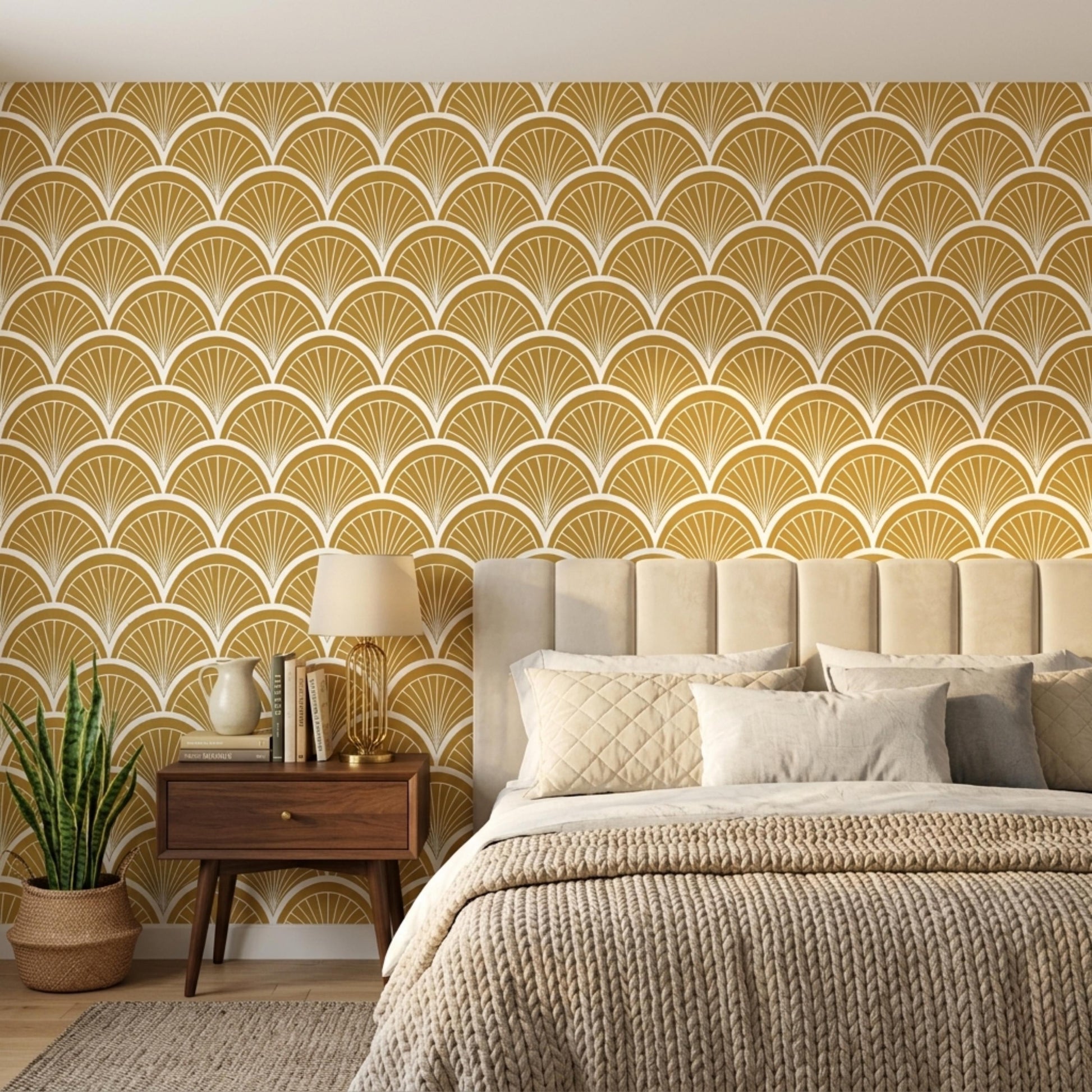 Mustard Yellow Art Deco Wallpaper, Retro Scallop Fan Wall Decor, Mid Century Peel and Stick-WP0072
