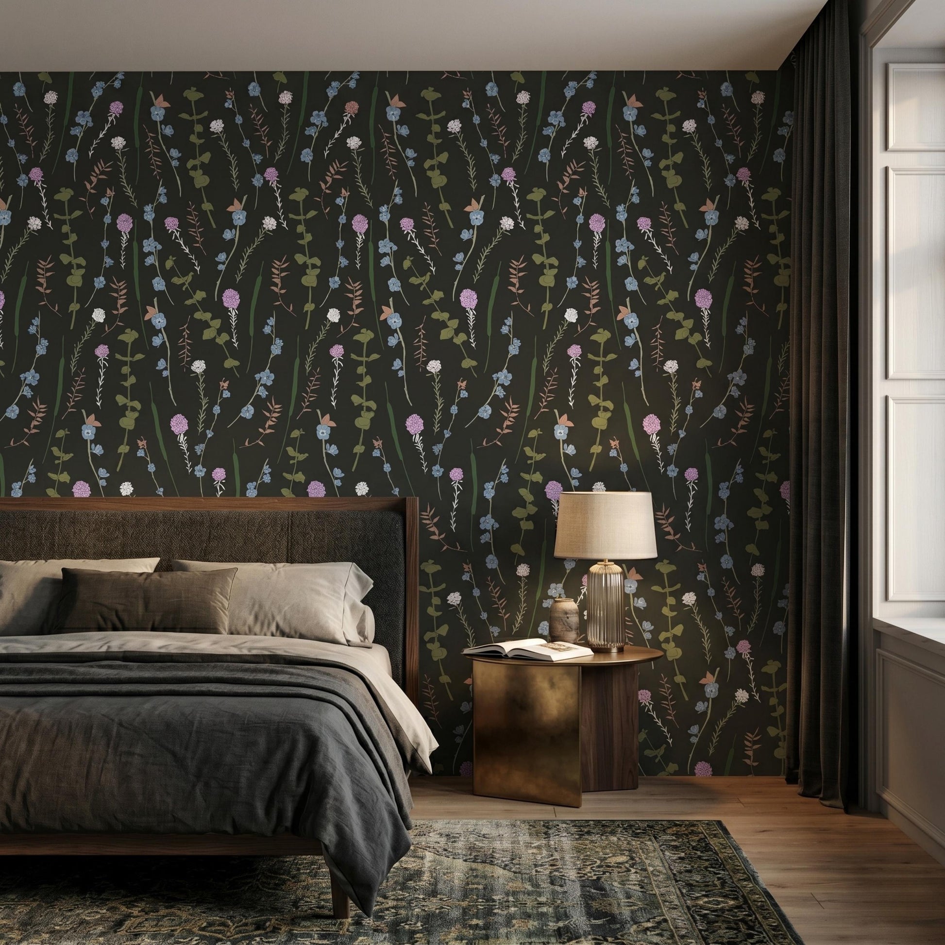 Dark Green Wildflower Wallpaper, Moody Cottagecore Botanical Wall Decor, Vintage Floral Mural-WP0073